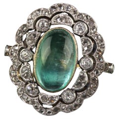 Antique French Edwardian 18K Gold Platinum Diamond Cabochon Emerald Ring - GIA