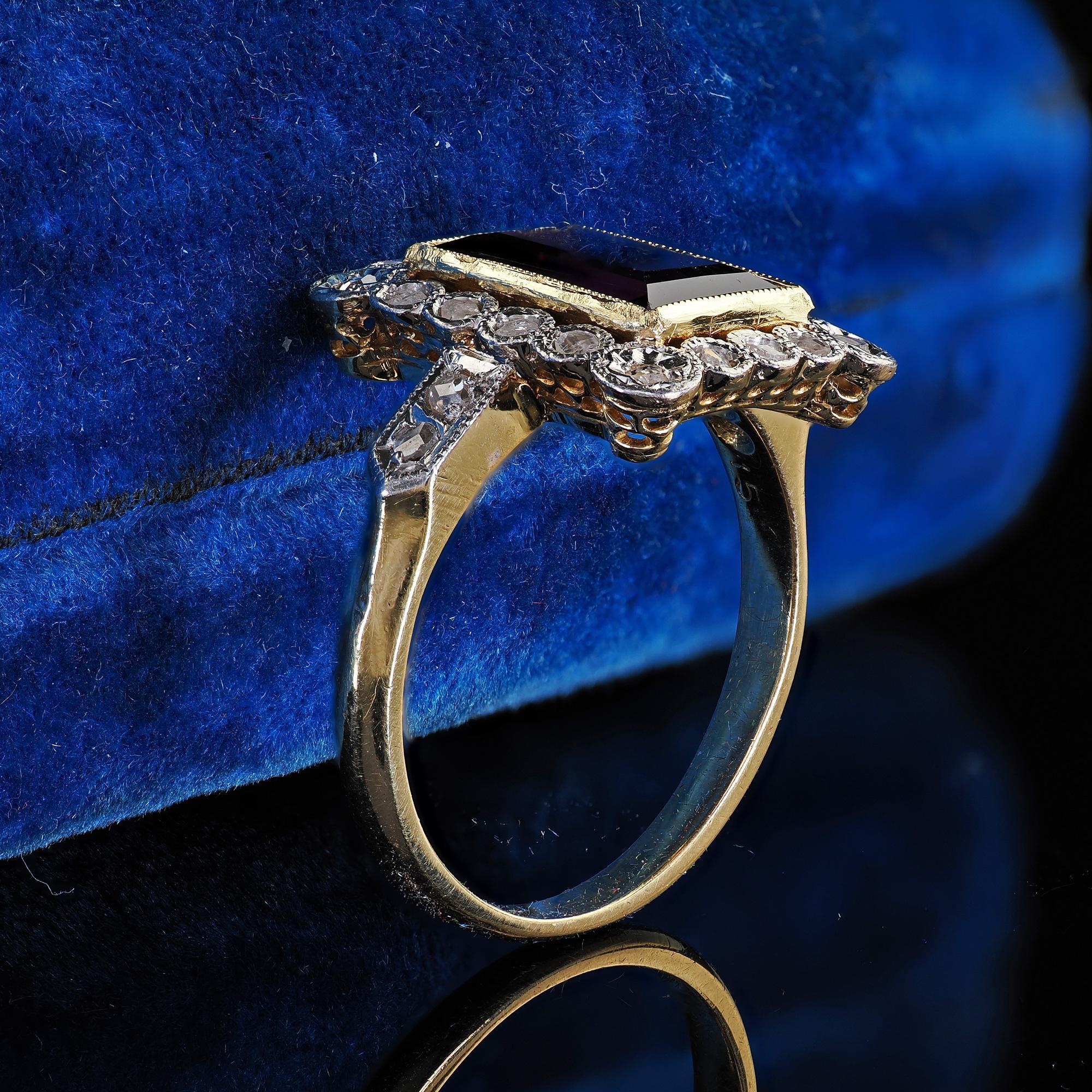 Square Cut Antique French Edwardian 18K Yellow Gold Rose Cut Diamond Garnet Engagement Ring For Sale