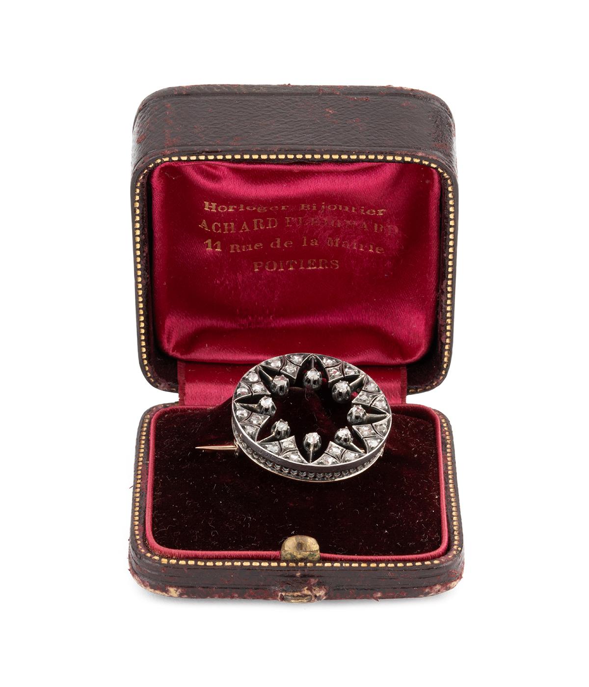 Broche édouardienne française ancienne en or rose 18 carats, argent et diamants en vente 4