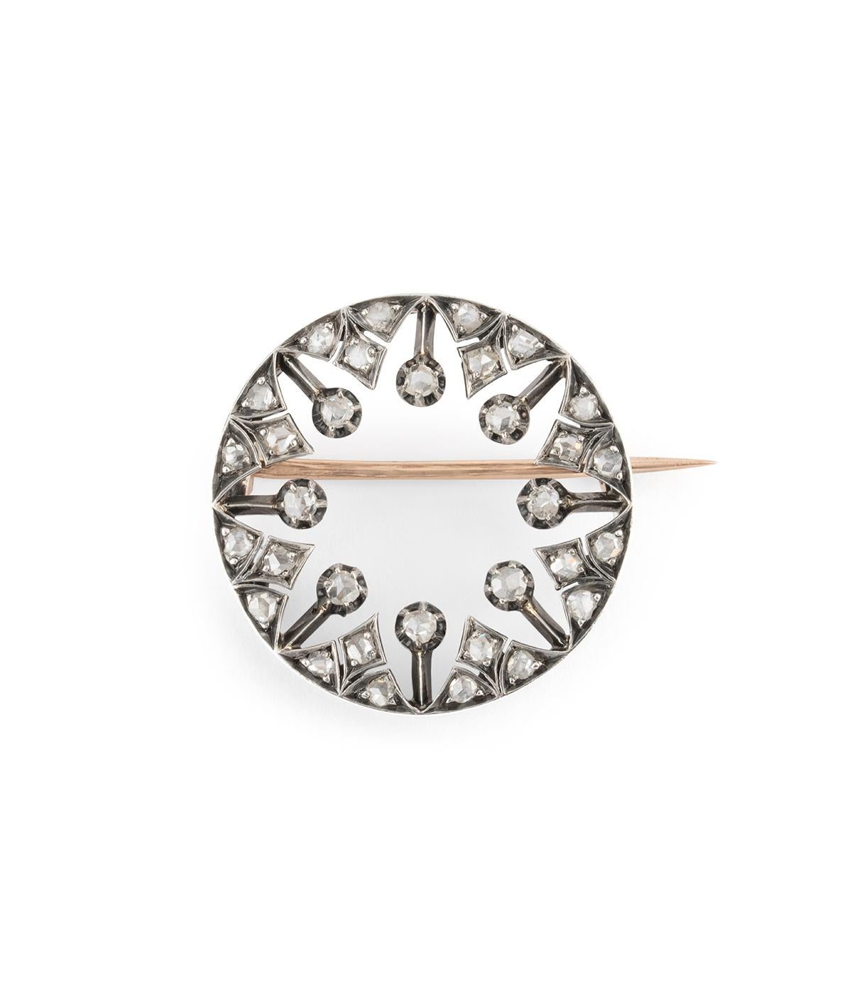 Broche édouardienne française ancienne en or rose 18 carats, argent et diamants en vente 5