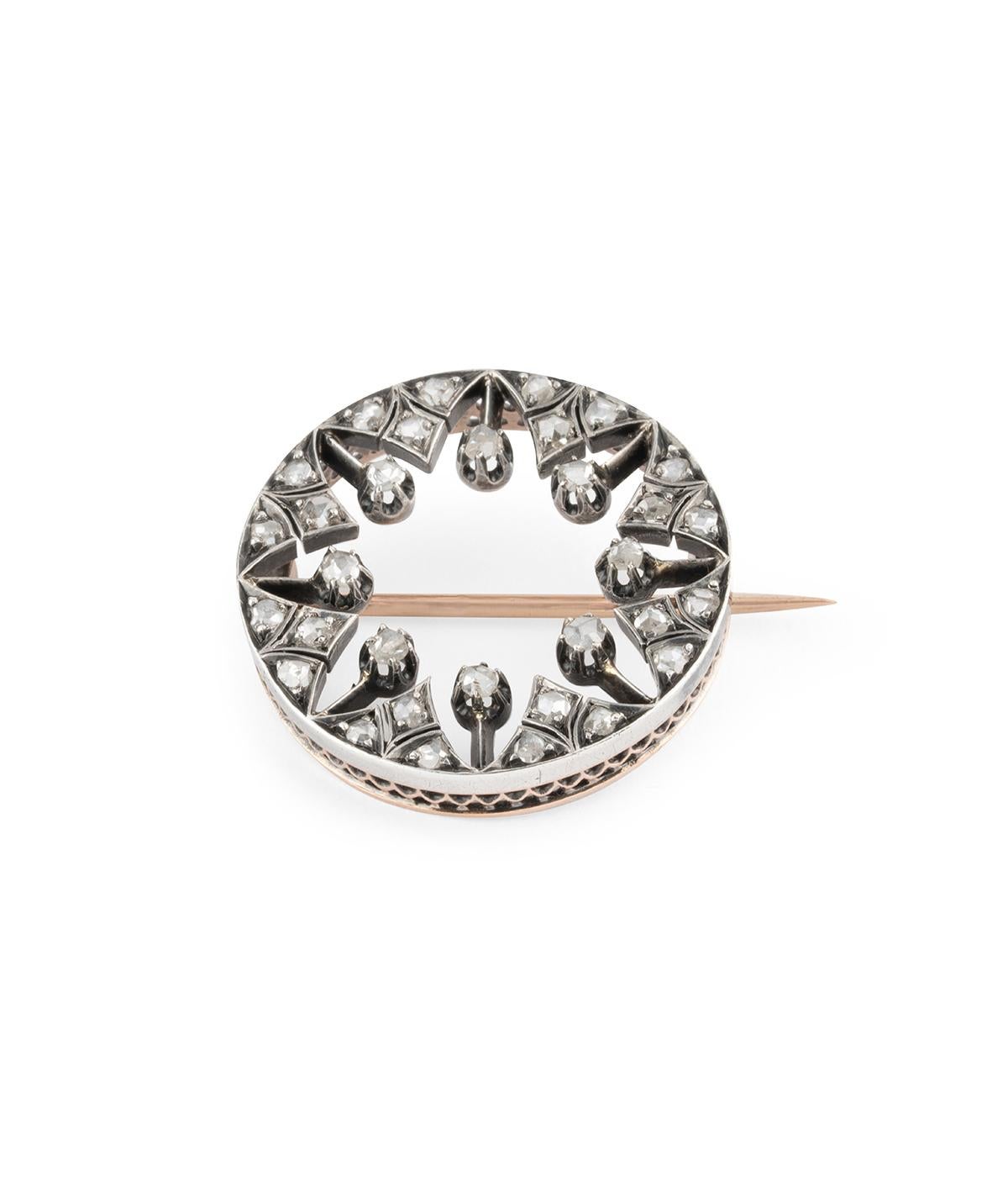 Broche édouardienne française ancienne en or rose 18 carats, argent et diamants en vente 6