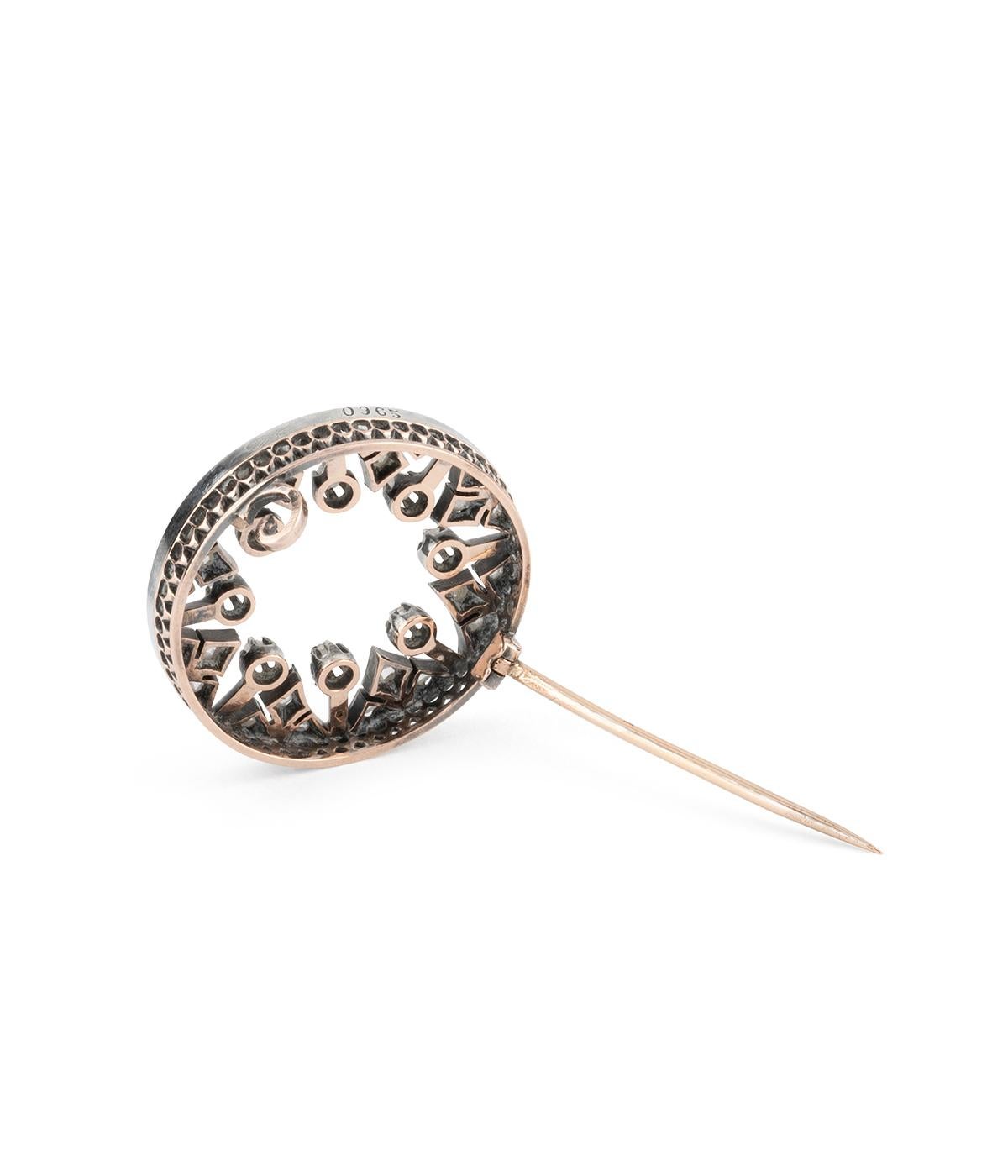 Broche édouardienne française ancienne en or rose 18 carats, argent et diamants Excellent état - En vente à PARIS, FR