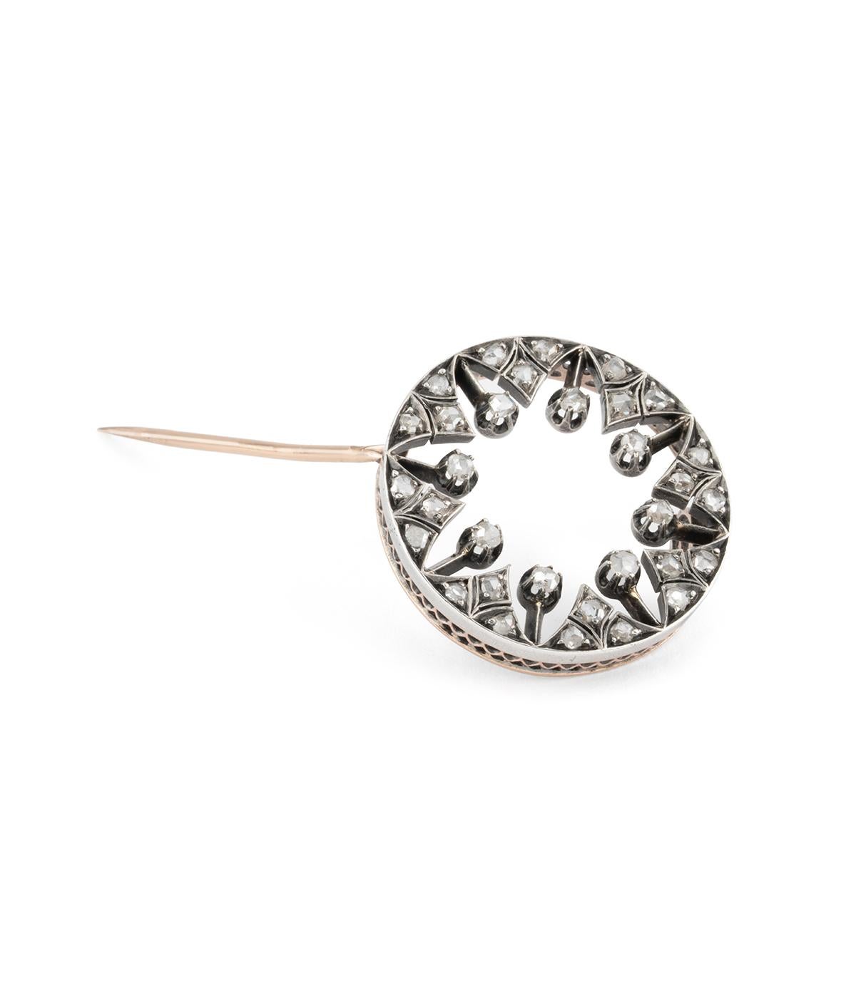 Broche édouardienne française ancienne en or rose 18 carats, argent et diamants Unisexe en vente
