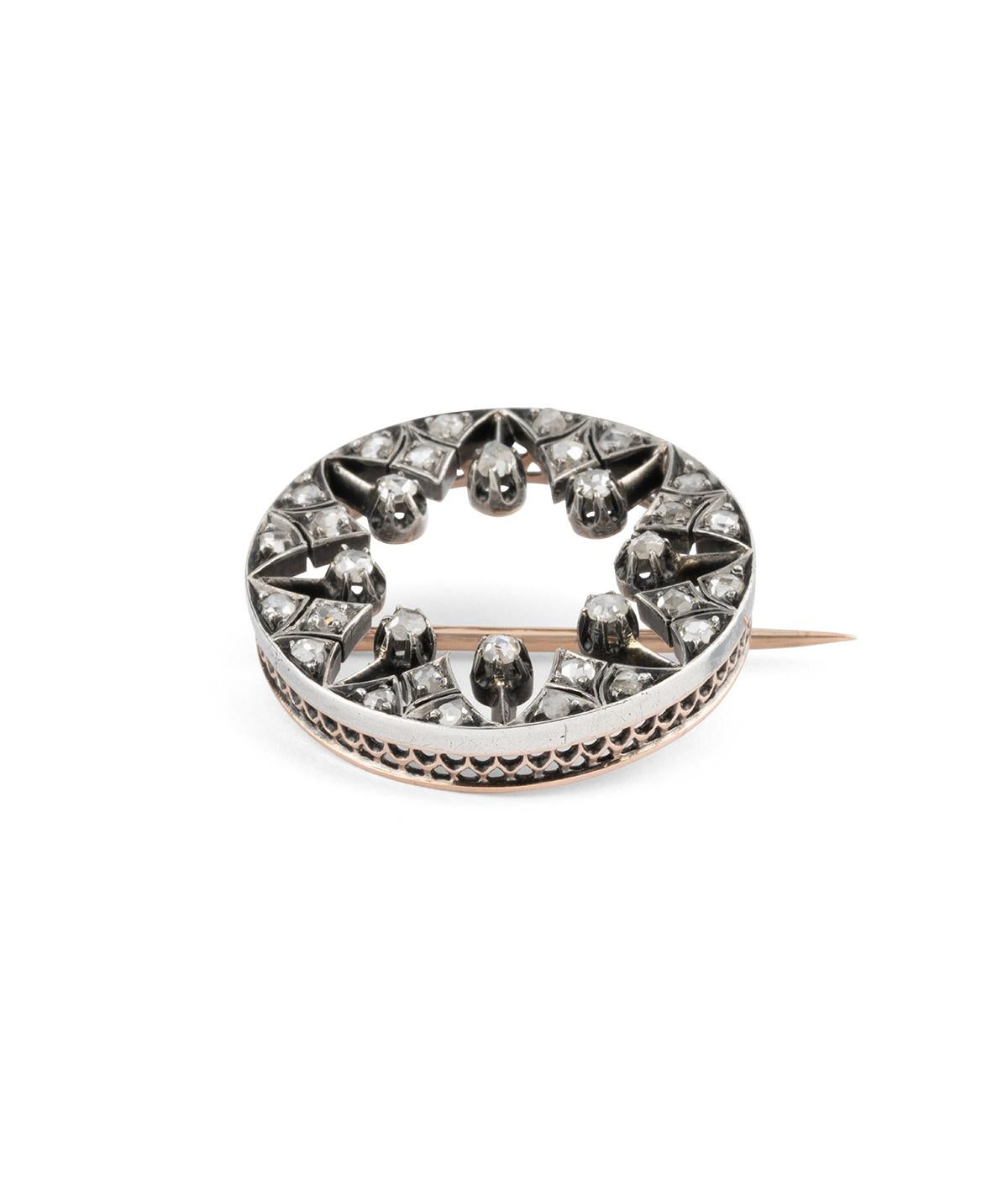 Broche édouardienne française ancienne en or rose 18 carats, argent et diamants en vente 3