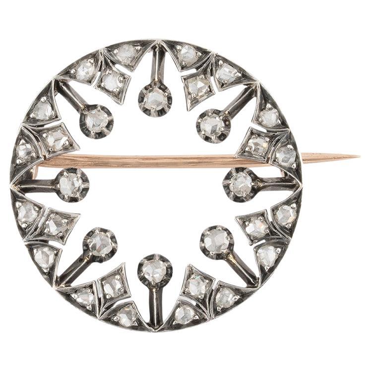 Antiguo broche eduardiano francés de oro rosa de 18 quilates, plata y diamantes