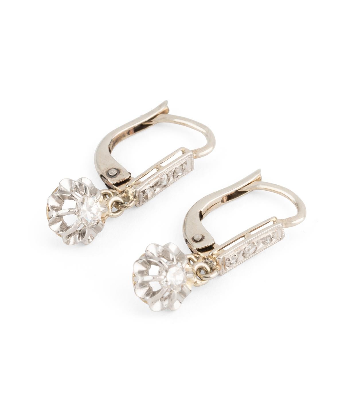 Mixed Cut Antique french edwardian dormeuse earrings in white gold and diamonds For Sale