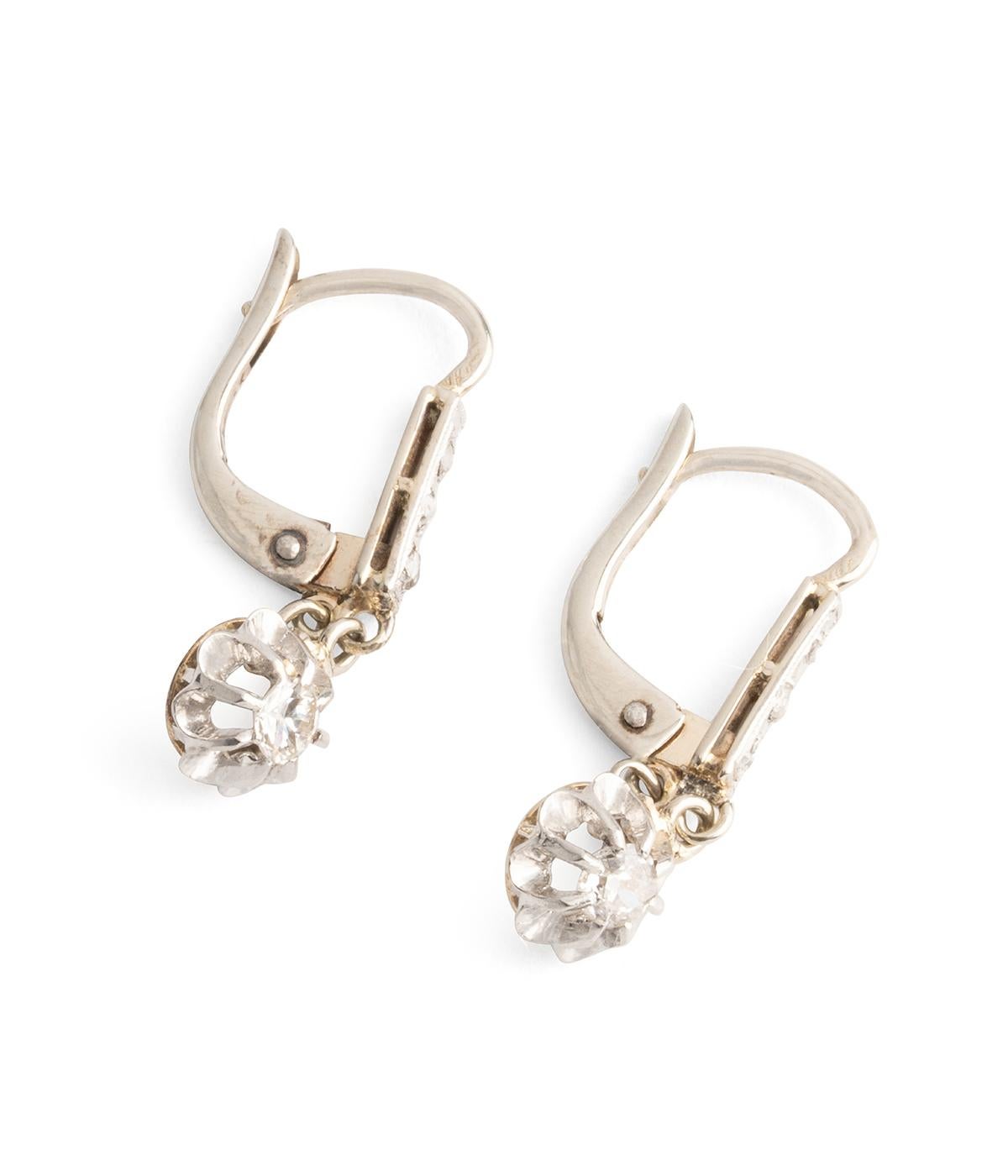 Women's or Men's Antique french edwardian dormeuse earrings in white gold and diamonds For Sale