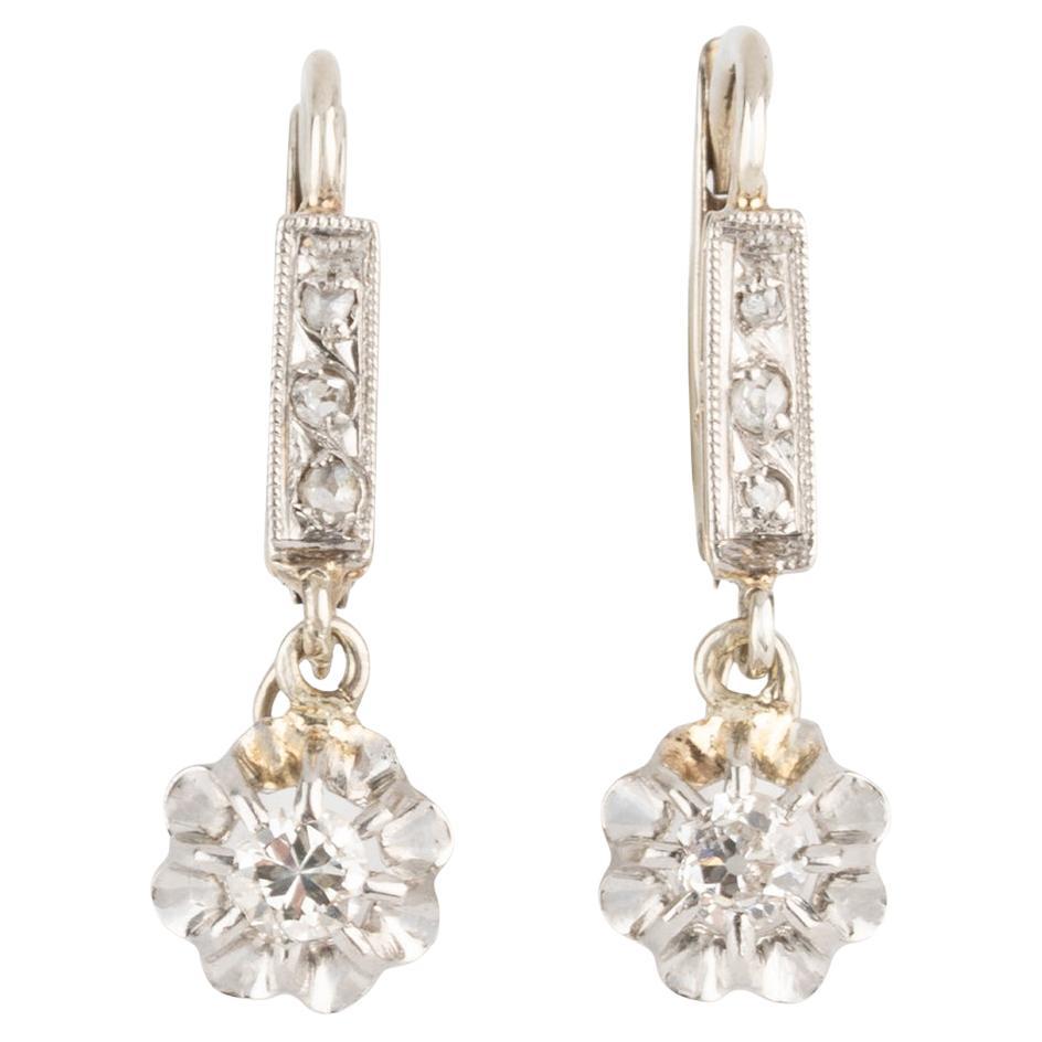 Antique french edwardian dormeuse earrings in white gold and diamonds For Sale