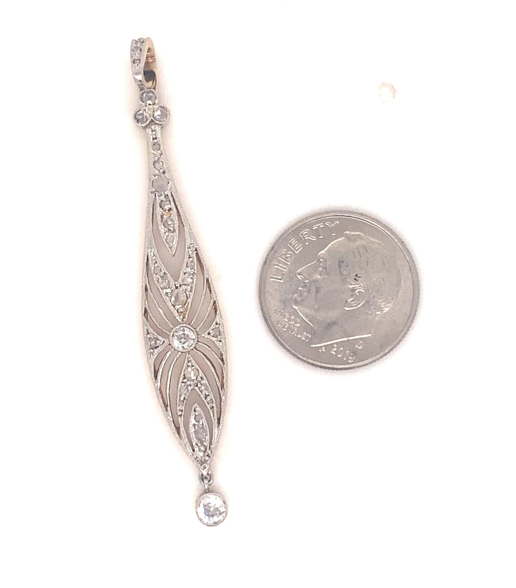 Antique French Edwardian Filigree Diamond Platinum 18K Gold Pendant In Good Condition For Sale In Woodland Hills, CA