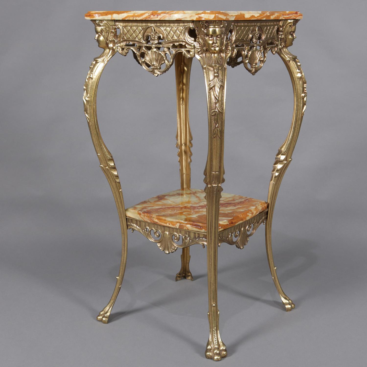 19th Century Antique French Egyptian Revival Figural Gilt Bronze and Marble Plant Stand