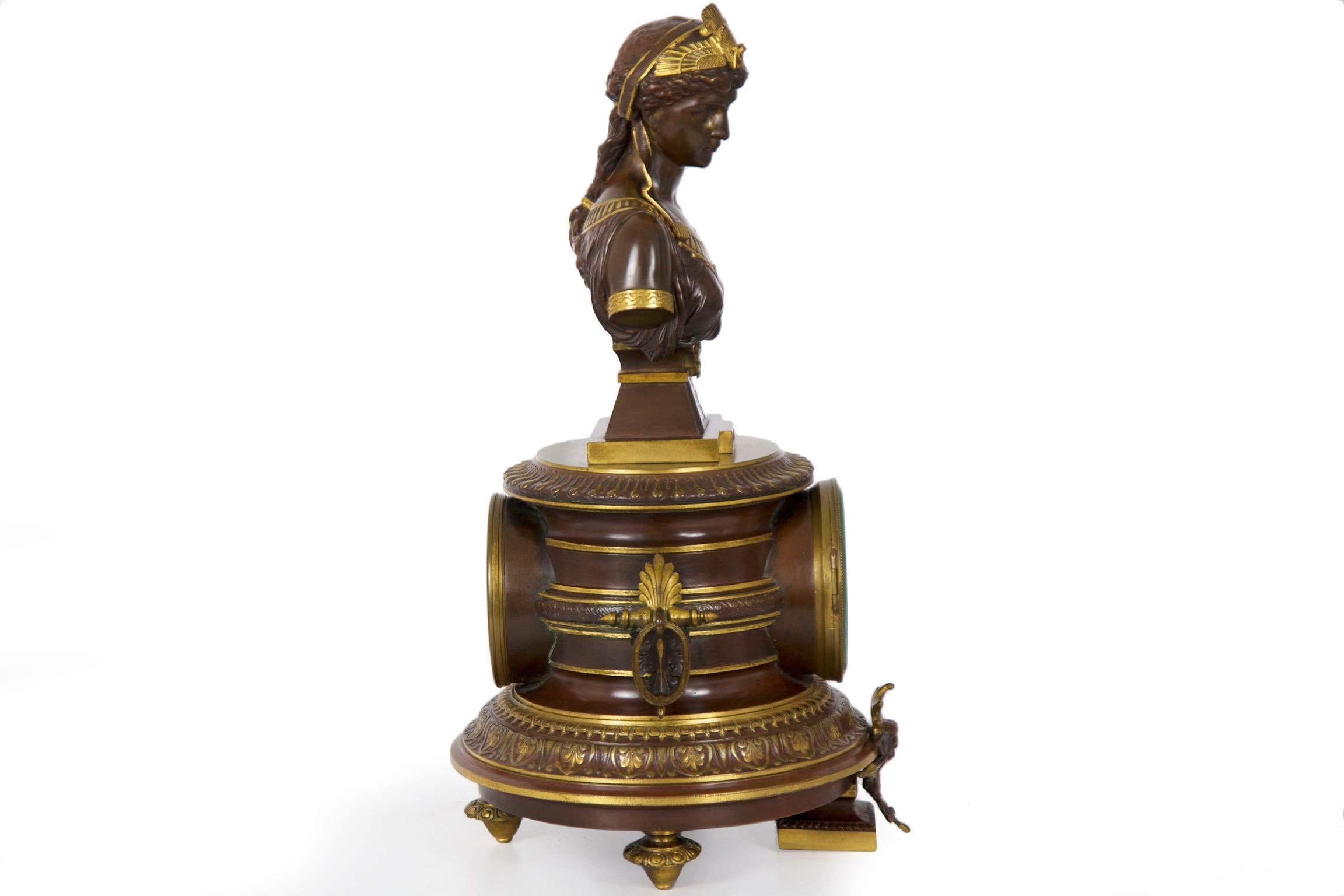 Antique French Egyptian Revival Mantel Clock Bronze Sculpture “Cleopatra