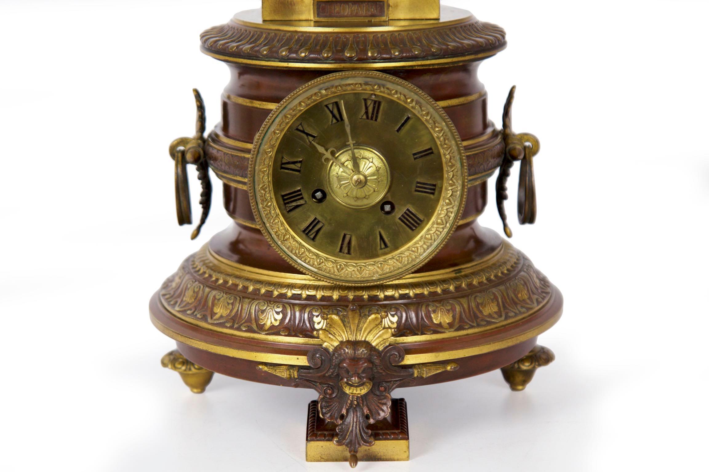Antique French Egyptian Revival Mantel Clock Bronze Sculpture “Cleopatra