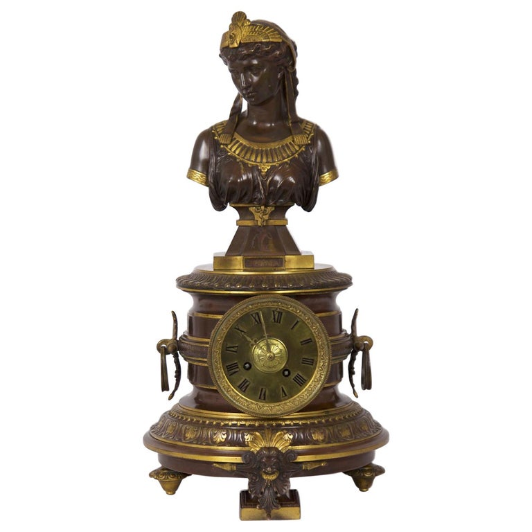Eutrope Bouret Egyptian Revival mantel clock with Cleopatra sculpture, 1890, offered by Silla, Ltd.