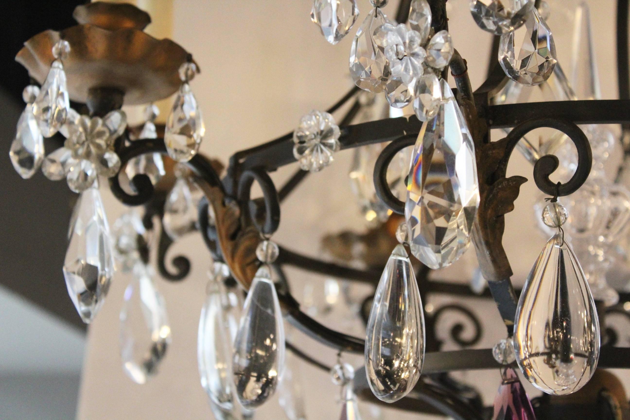 Early 20th Century Antique French Eight-Light Wrought Iron and Crystal Chandelier For Sale