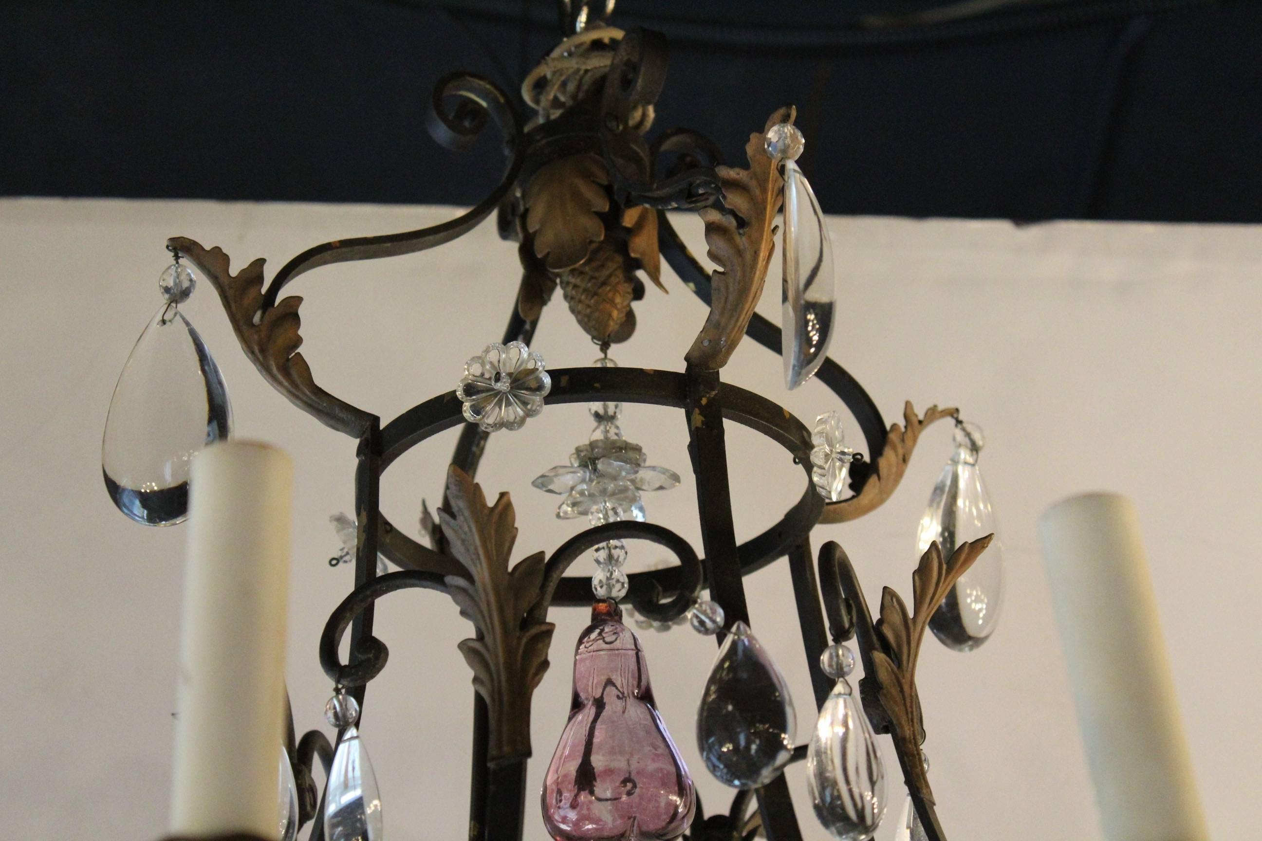 Antique French Eight-Light Wrought Iron and Crystal Chandelier For Sale 1