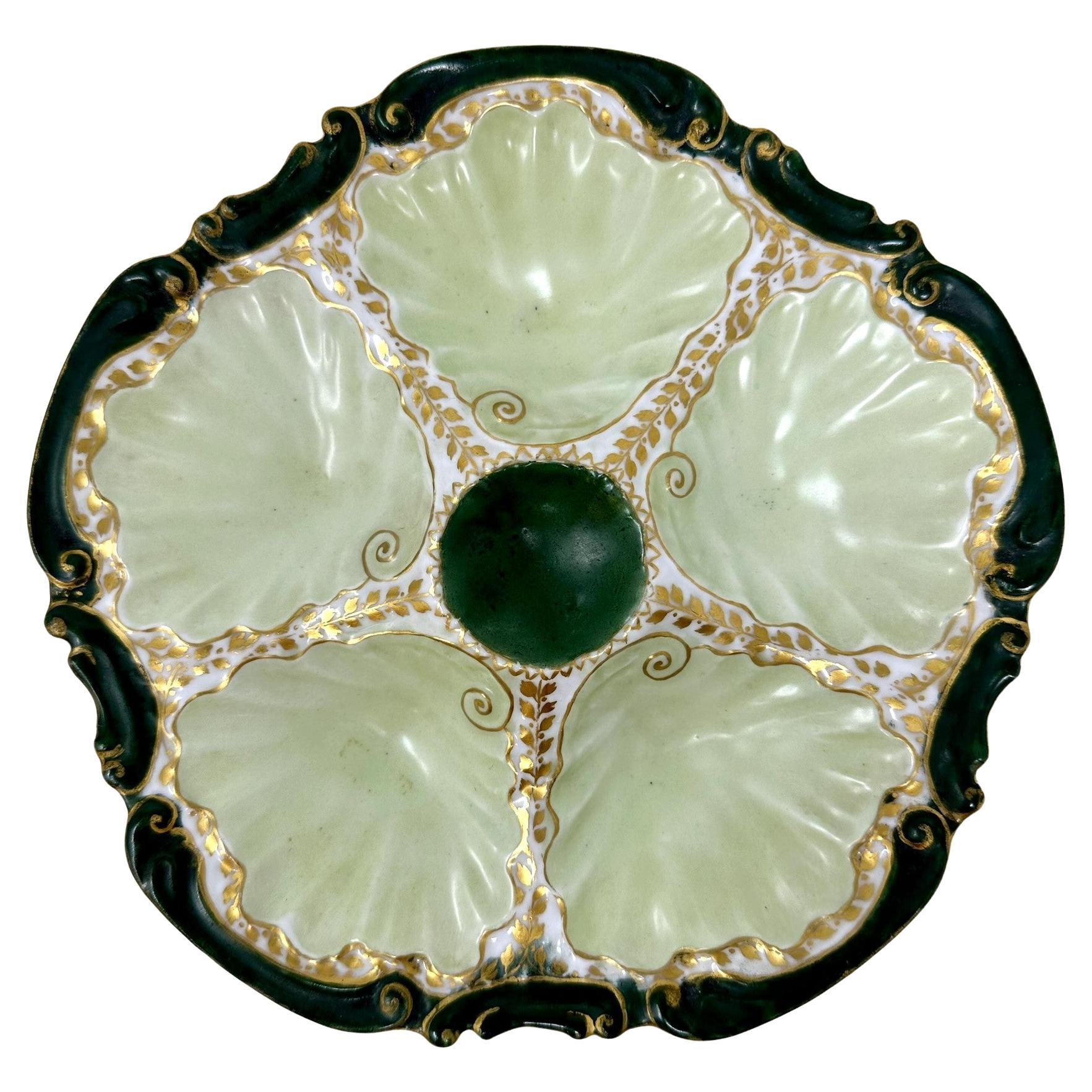 Antique French "Elite Works" Limoges Porcelain Green & Gold Oyster Plate Ca 1890 For Sale