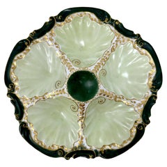 Antique French "Elite Works" Limoges Porcelain Green & Gold Oyster Plate Ca 1890
