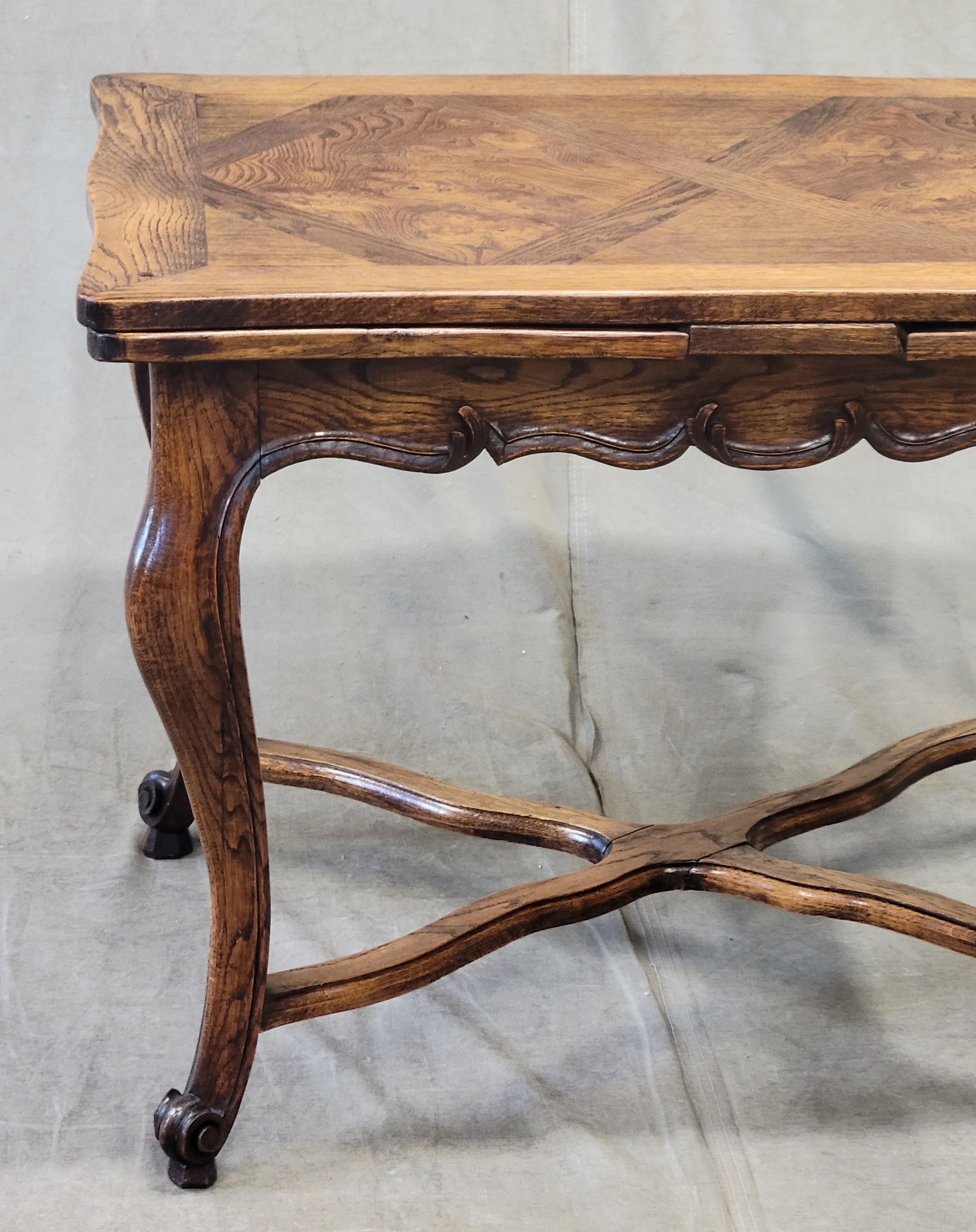 Hand-Crafted Antique French Elm and Burl Elm Draw Leaf Table (39