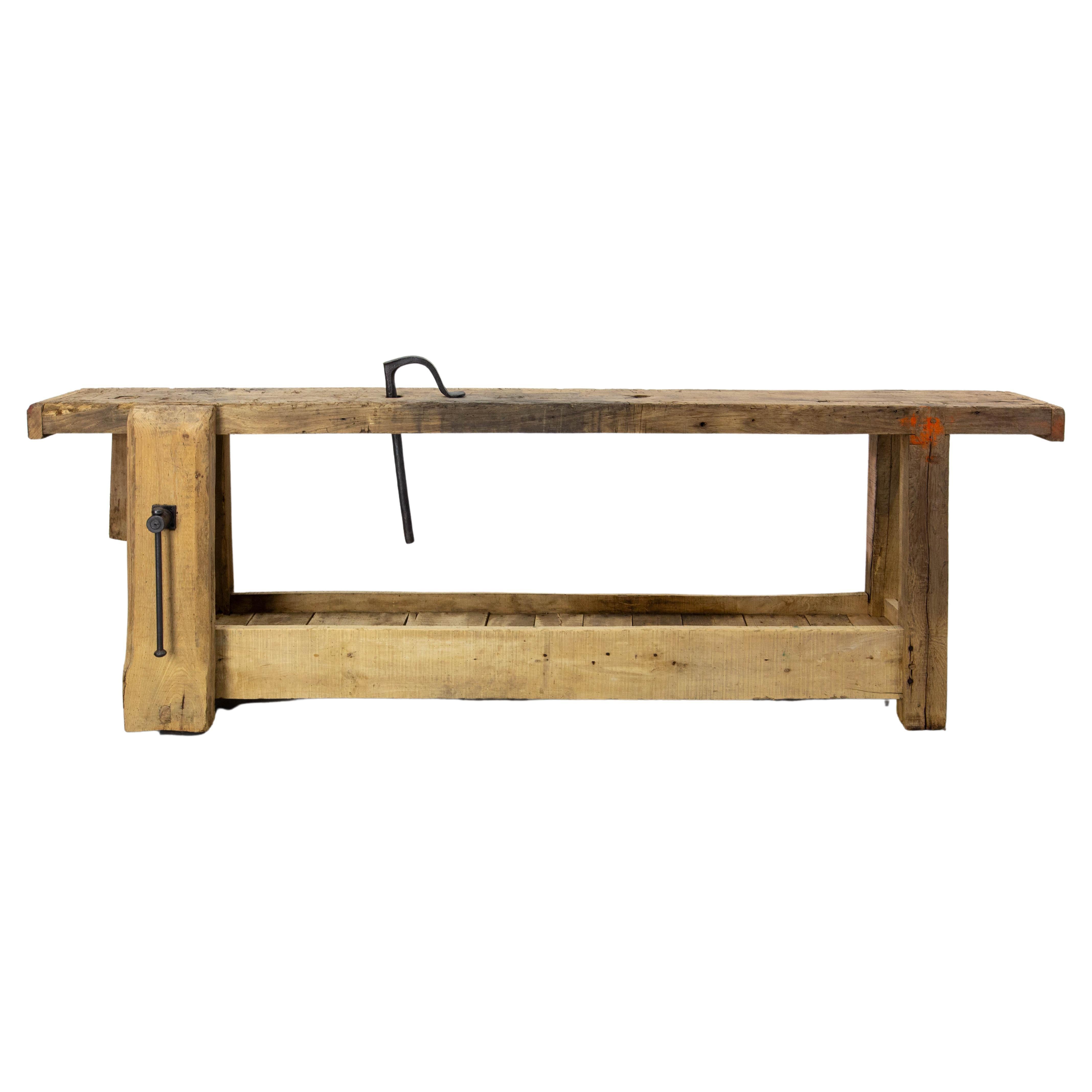 Antike Französisch Elm Carpenter's Work Oak Tisch Meuble De Metier um 1900