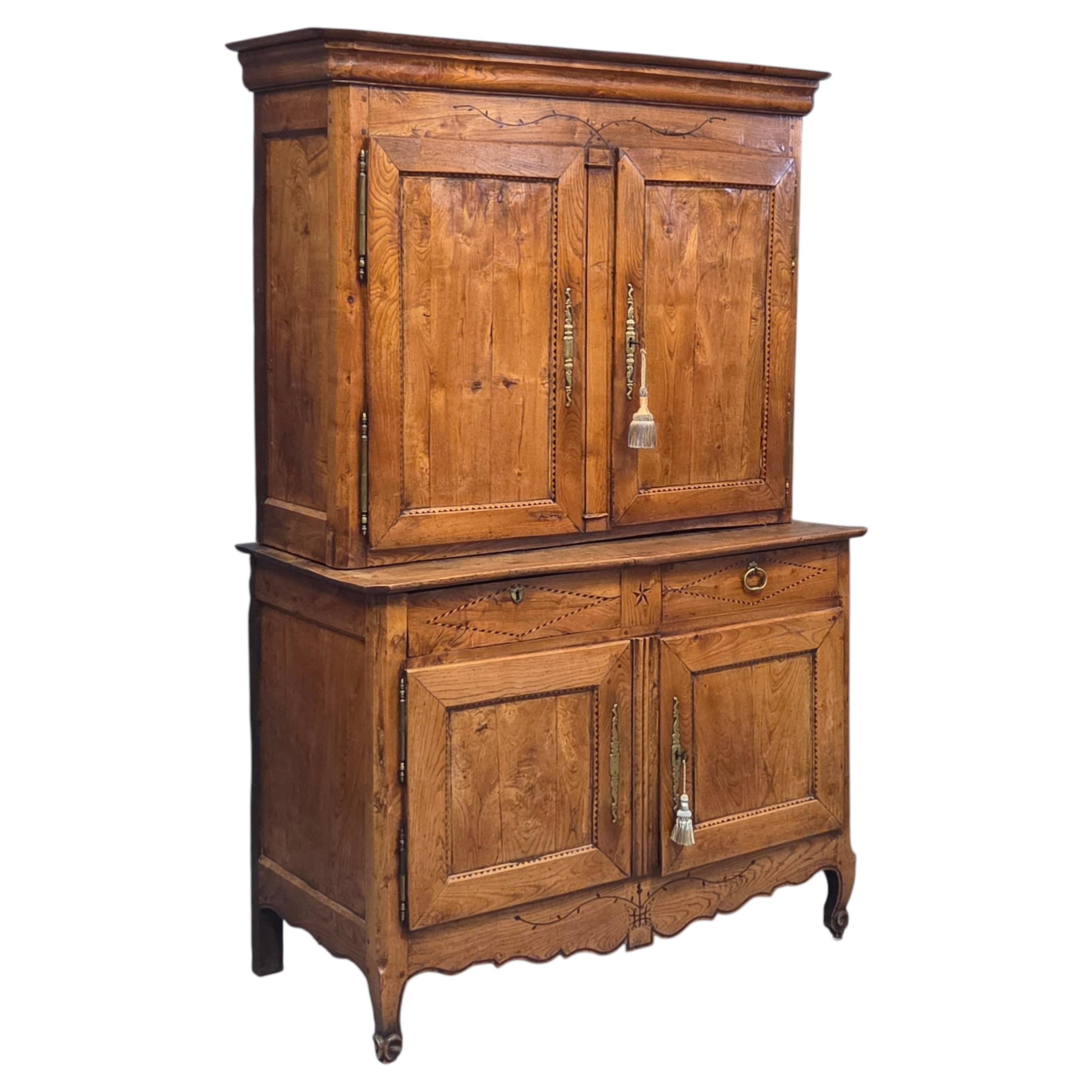 Antique French Elm Deux Corps Buffet Cabinet with Inlay and Fitted Interior