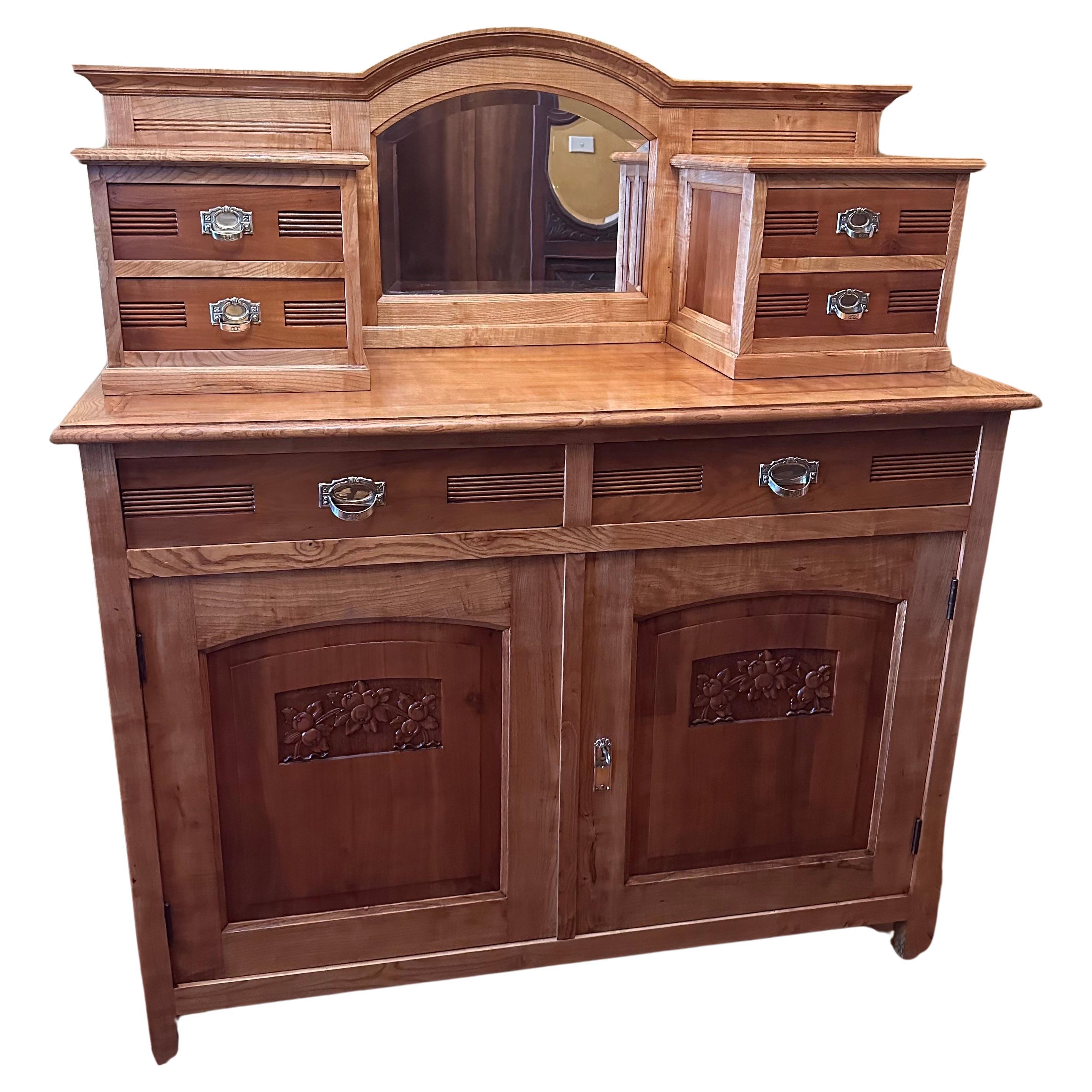 Antique French Elm Mirror Sideboard For Sale