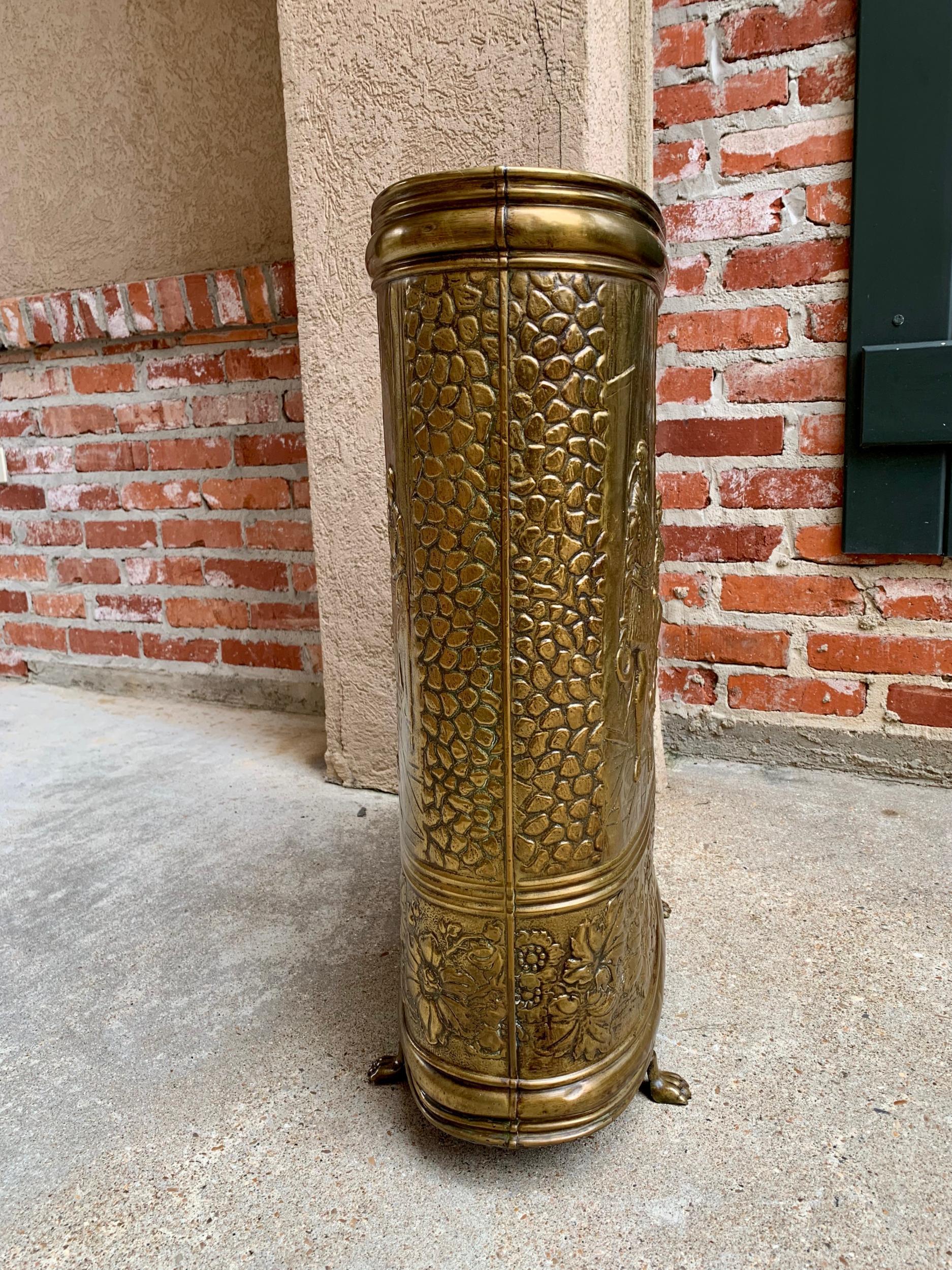 Early 20th Century Antique French Embossed Brass Repousse Oval Umbrella Stand Renaissance