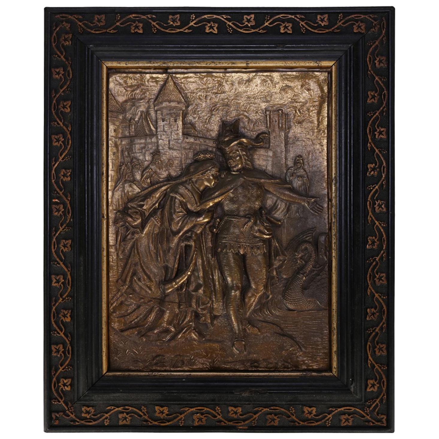 Antique French Embossed Bronze Courting Plaque in Gilt and Ebonized Frame