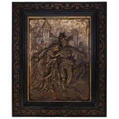 Antique French Embossed Bronze Courting Plaque in Gilt and Ebonized Frame