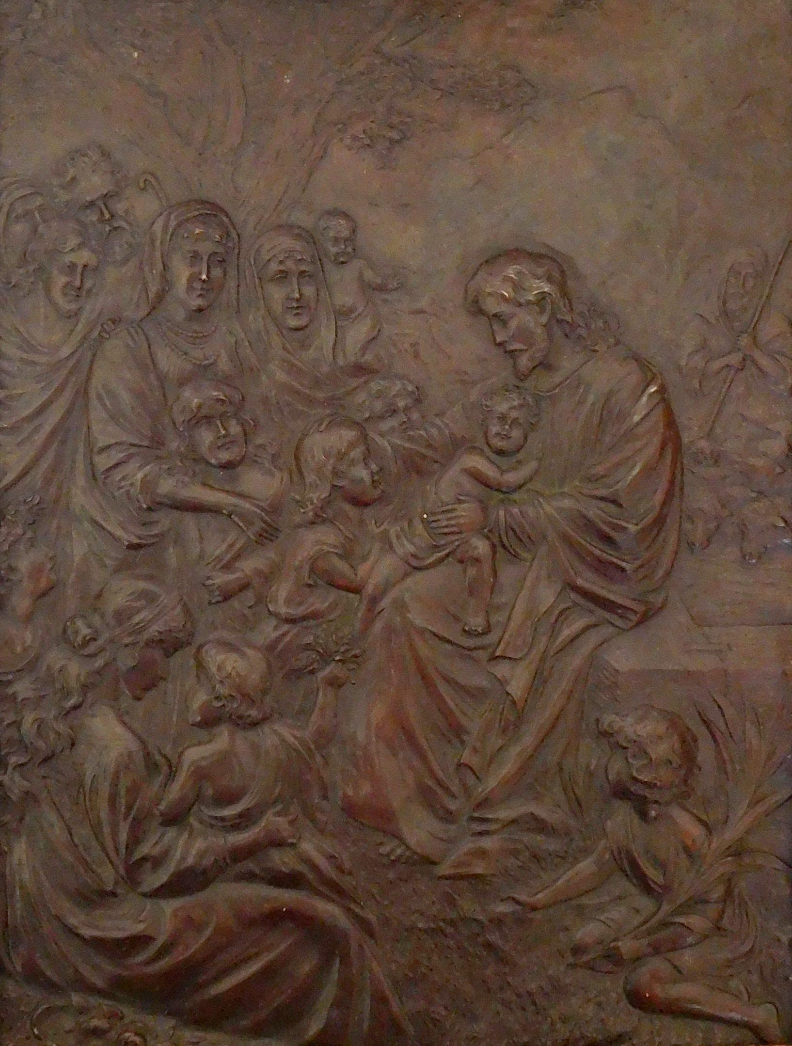 Antike französische Kupferarbeit, die Jesus Christus im Gespräch mit Kindern darstellt und die berühmte biblische Aufforderung 