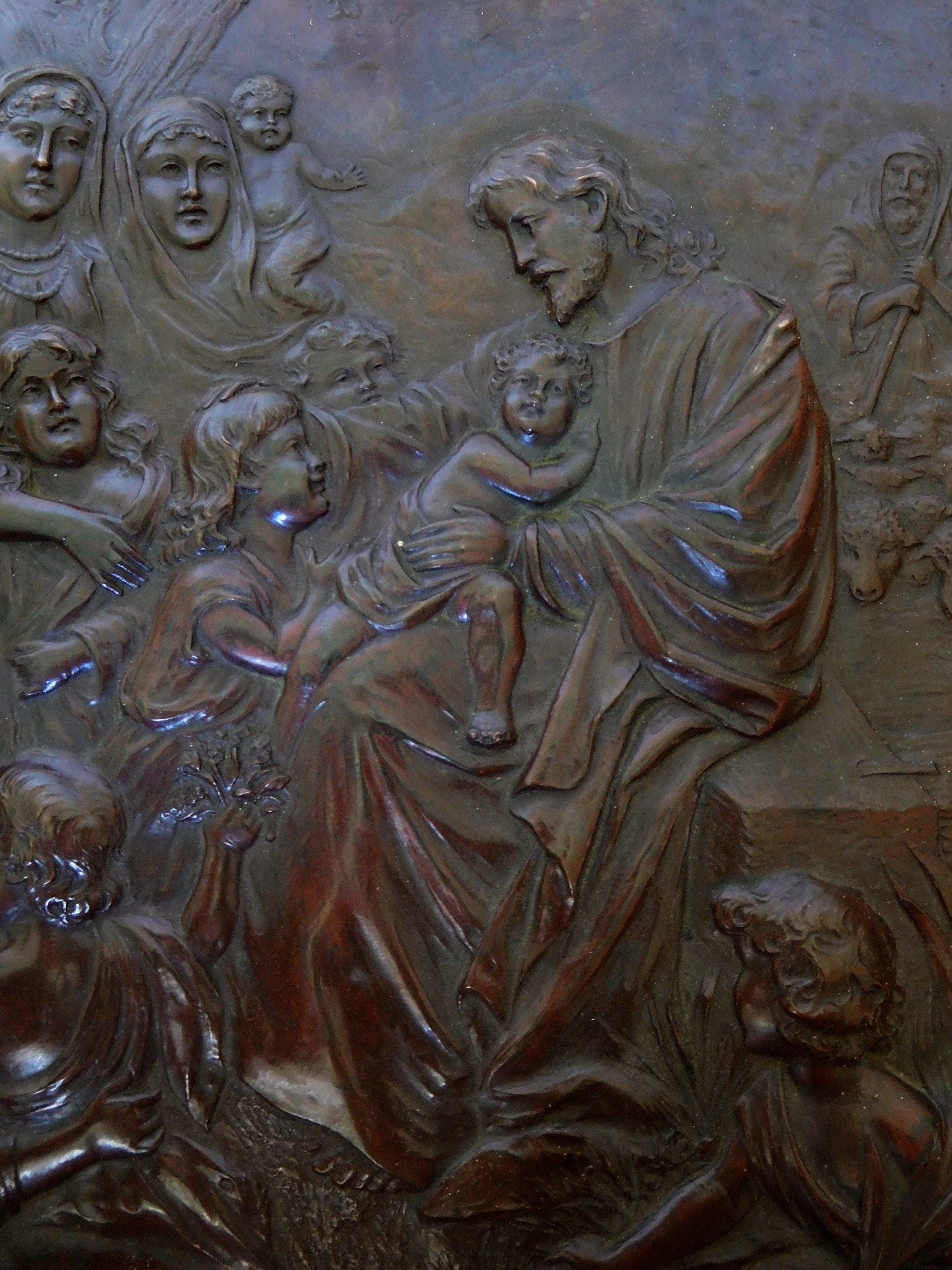 Antike französische geprägte Kupferplatte mit Prägung - Lasst die kleinen Kinder zu mir kommen (Geprägt) im Angebot