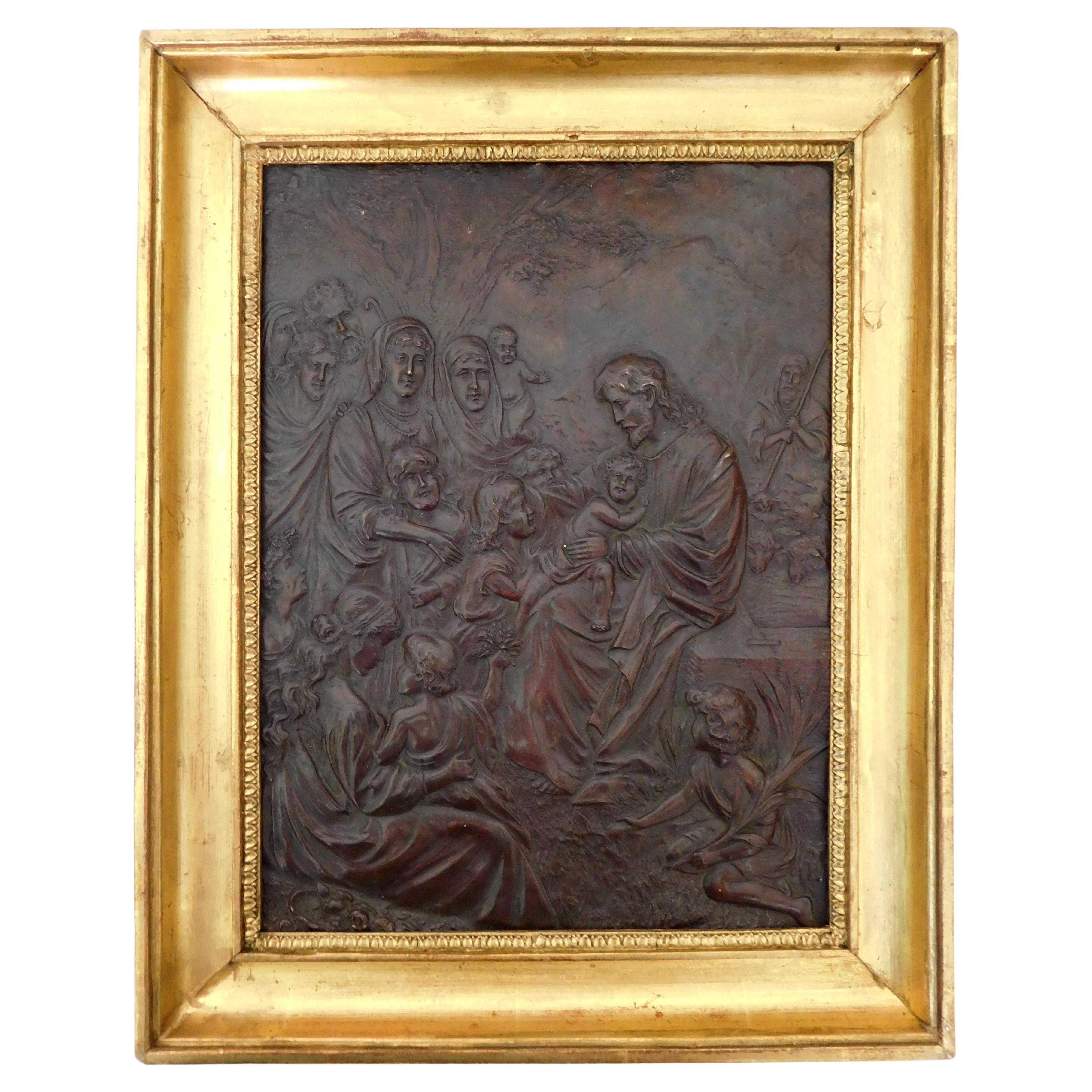 Antique French embossed copper plate - Let the little children come to me For Sale