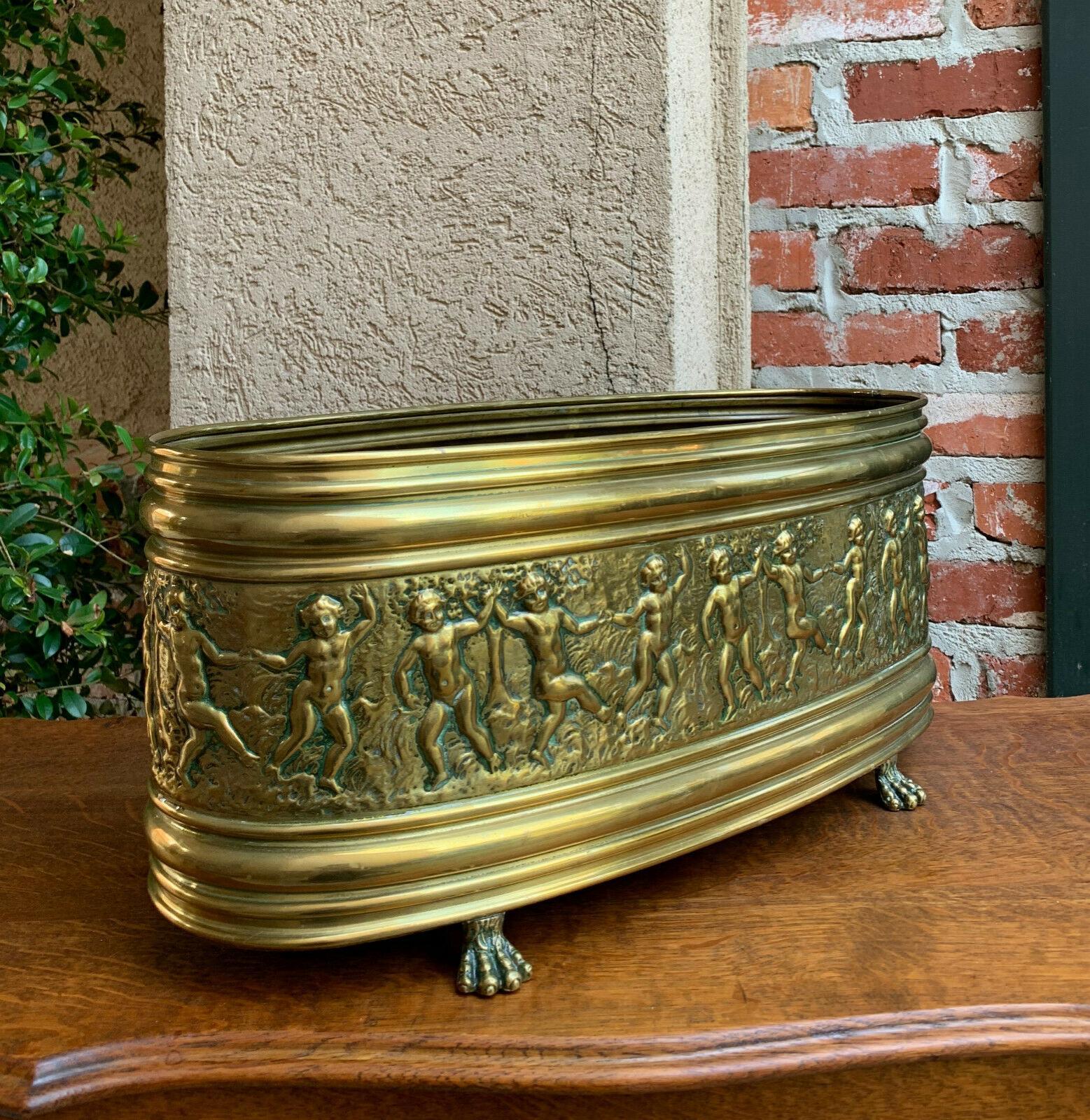 19th Century Antique French Embossed Repousse Brass Jardinière Oval Planter Cache Pot Cherub