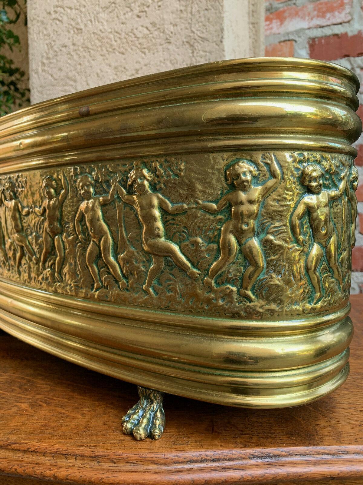 Antique French Embossed Repousse Brass Jardinière Oval Planter Cache Pot Cherub 1