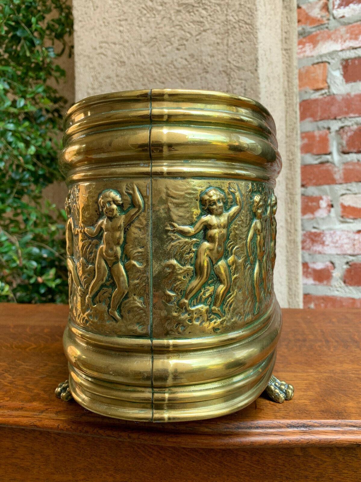 Antique French Embossed Repousse Brass Jardinière Oval Planter Cache Pot Cherub 2