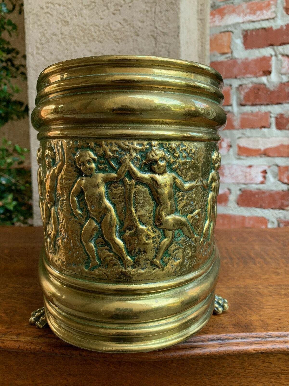 Antique French Embossed Repousse Brass Jardinière Oval Planter Cache Pot Cherub 3