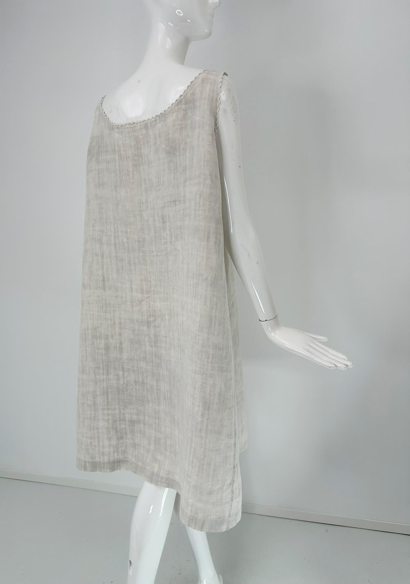 Antique French Embroidered Natural Rustic Linen Shift Dress Slip Dress Med-LG For Sale 5