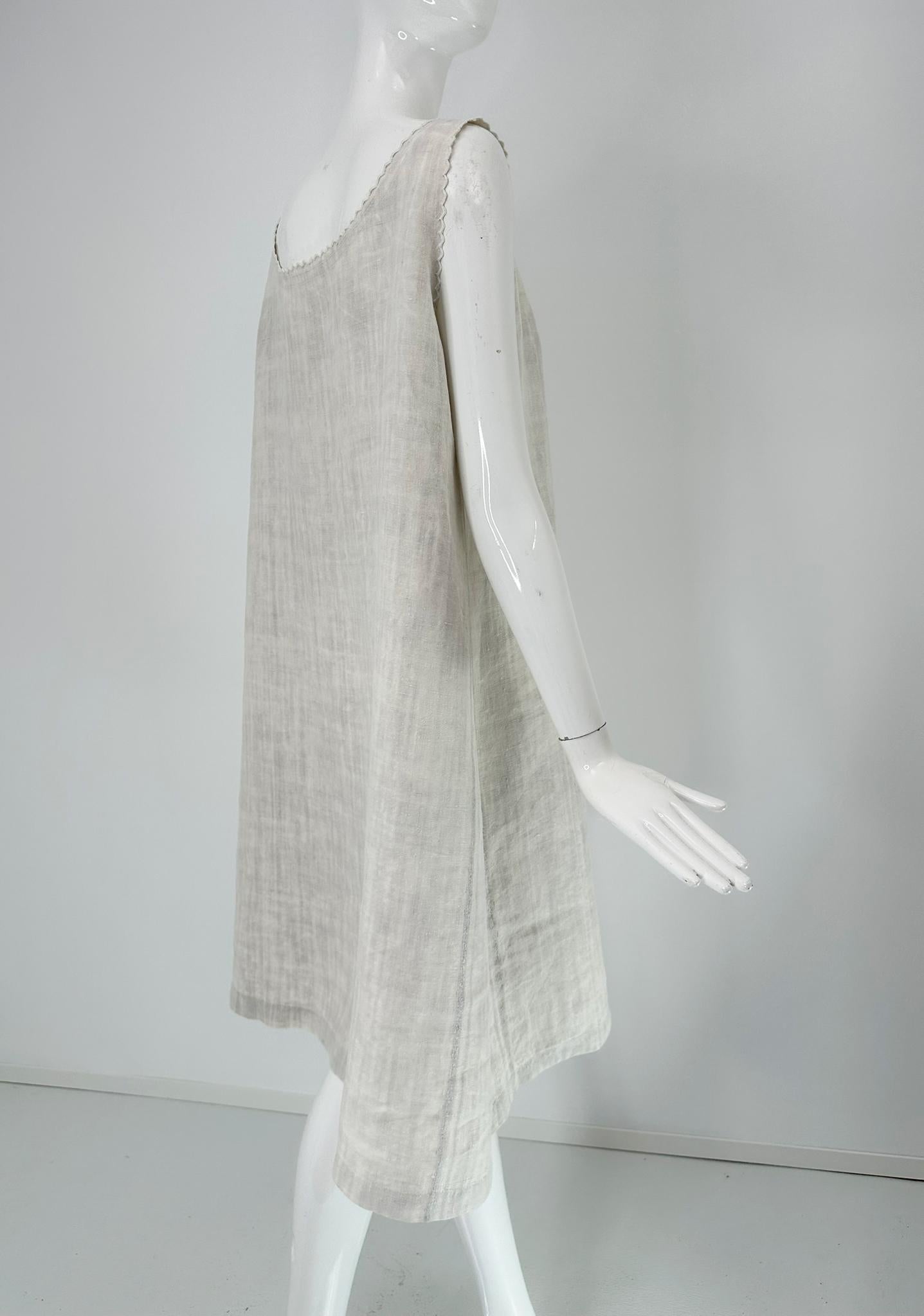 Antique French Embroidered Natural Rustic Linen Shift Dress Slip Dress Med-LG For Sale 6