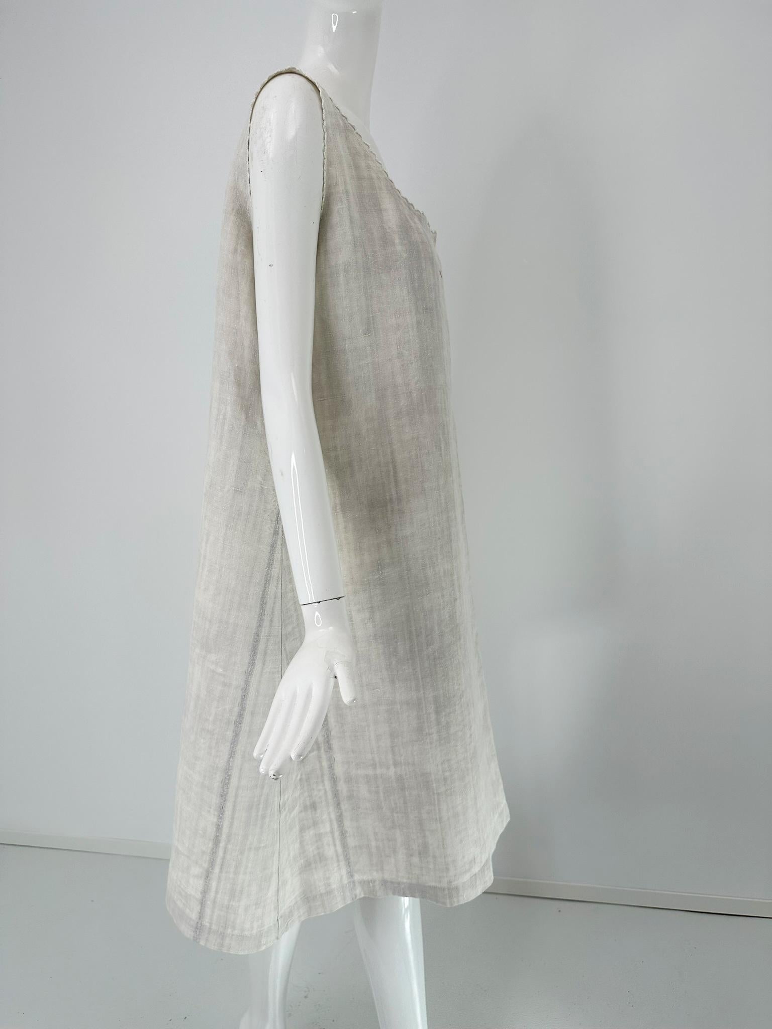 Antique French Embroidered Natural Rustic Linen Shift Dress Slip Dress Med-LG For Sale 7