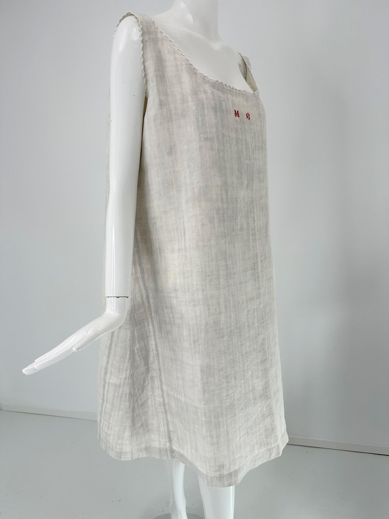 Antique French Embroidered Natural Rustic Linen Shift Dress Slip Dress Med-LG For Sale 8