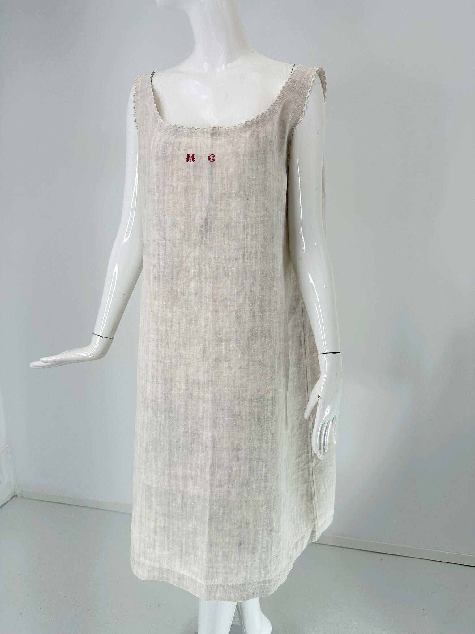 Antique French embroidered natural rustic linen, shift dress, slip dress, night dress. Hand woven rustic linen in a cream with slight bluish grey tones, and the natural irregularities that are found in hand processed linen textiles. Beautifully hand