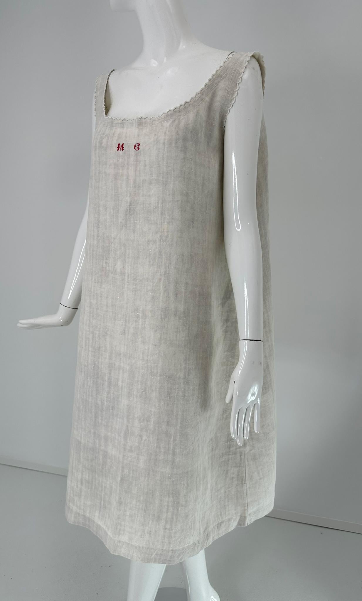 Gray Antique French Embroidered Natural Rustic Linen Shift Dress Slip Dress Med-LG For Sale