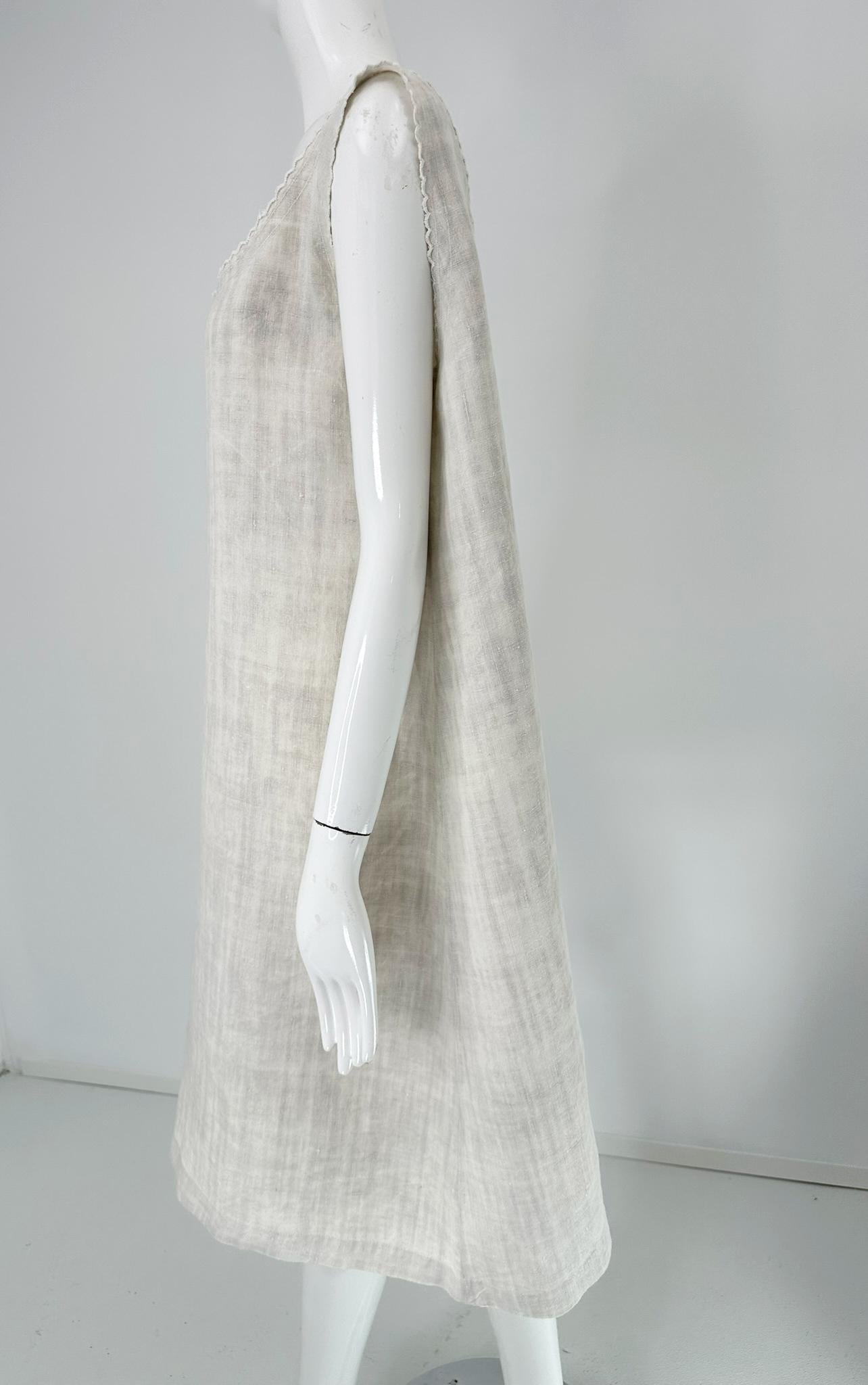 Women's Antique French Embroidered Natural Rustic Linen Shift Dress Slip Dress Med-LG For Sale