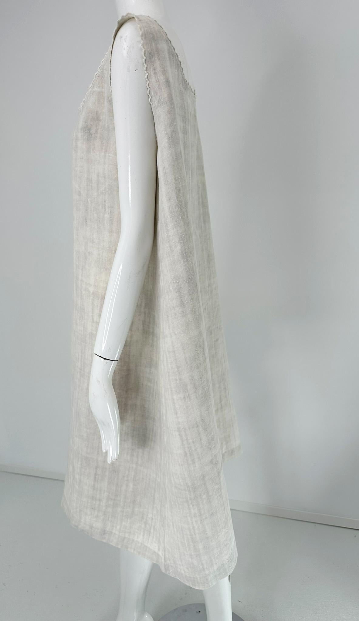 Antique French Embroidered Natural Rustic Linen Shift Dress Slip Dress Med-LG For Sale 1