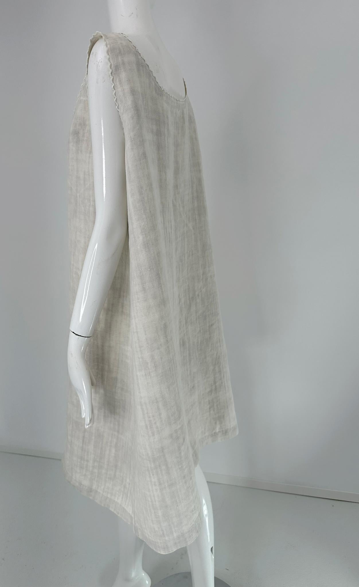 Antique French Embroidered Natural Rustic Linen Shift Dress Slip Dress Med-LG For Sale 2