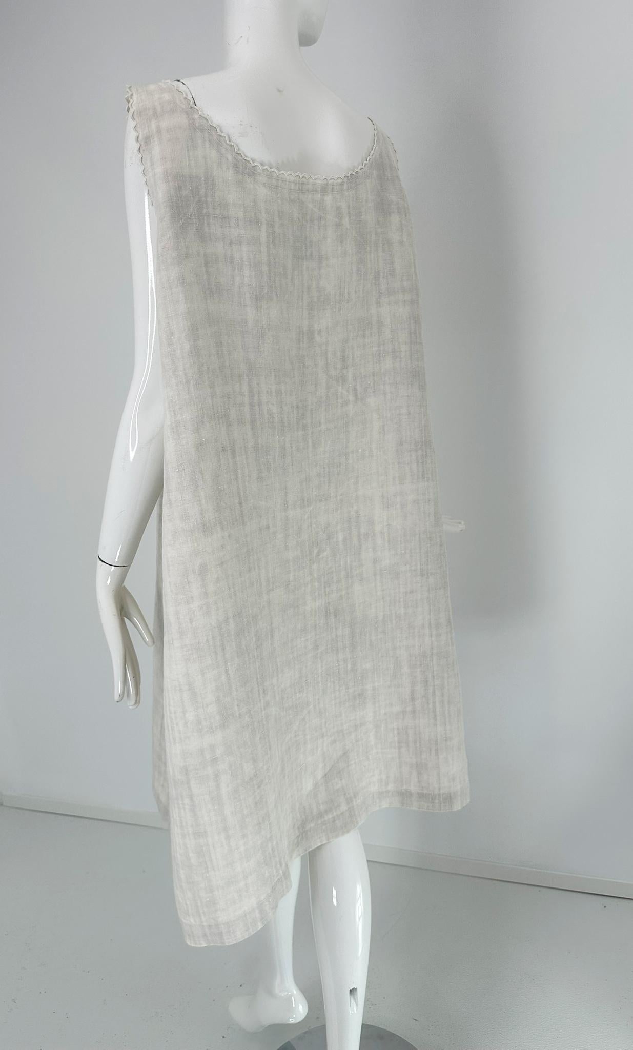 Antique French Embroidered Natural Rustic Linen Shift Dress Slip Dress Med-LG For Sale 3