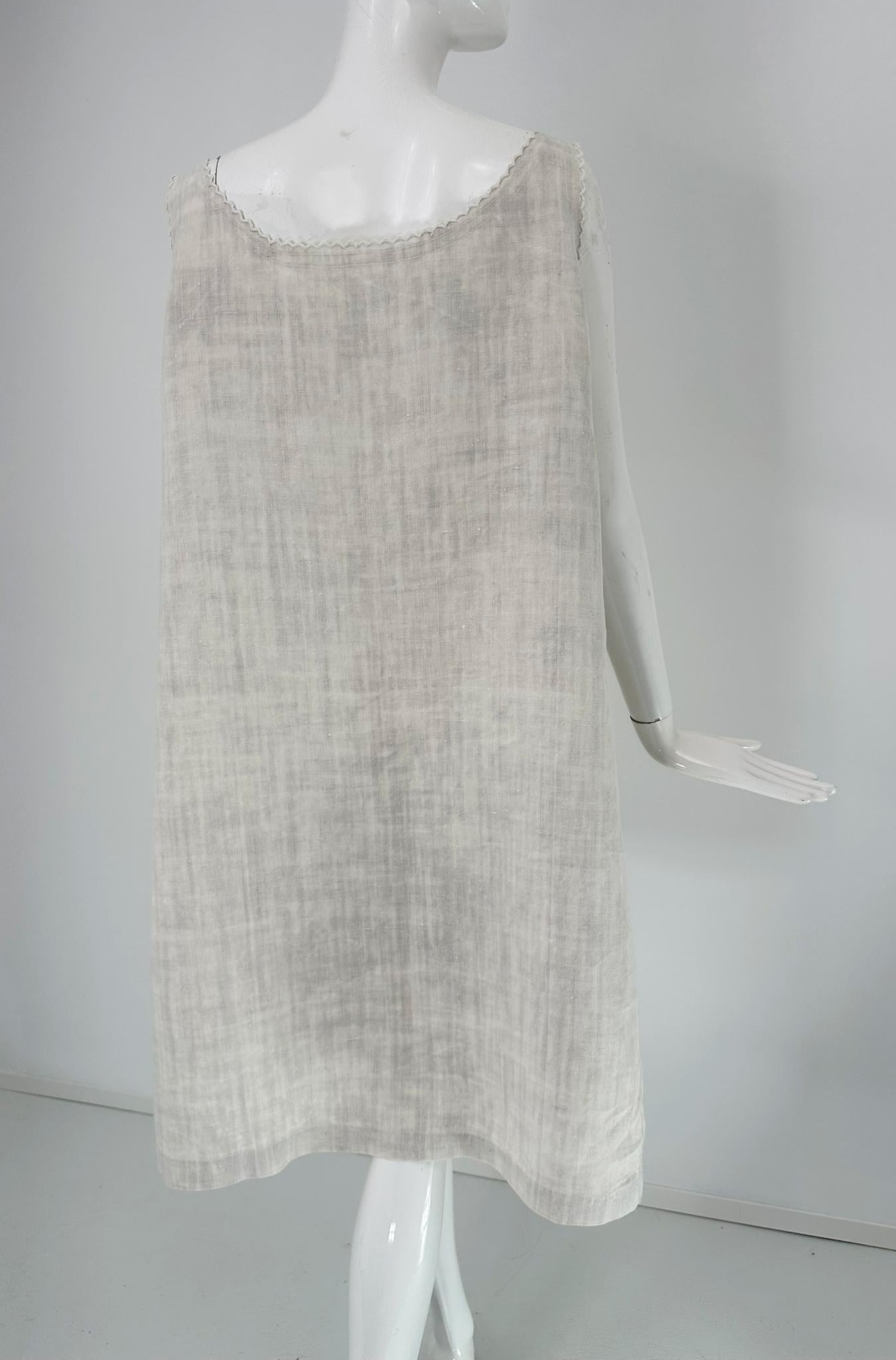Antique French Embroidered Natural Rustic Linen Shift Dress Slip Dress Med-LG For Sale 4