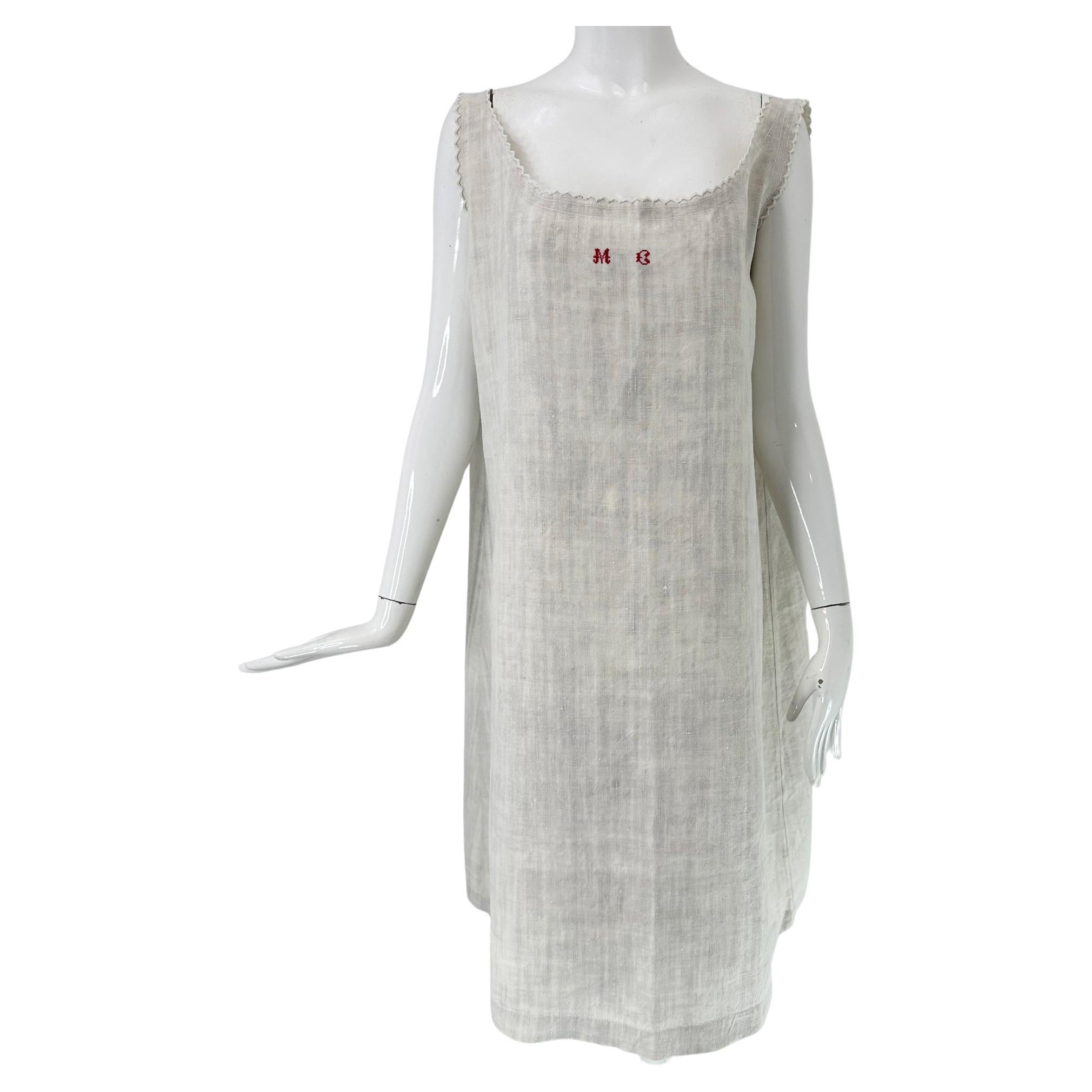 Antique French Brodée Naturelle Rustique Lin Robe Shift Robe Slip Med-LG