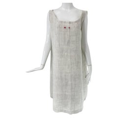 Antique French Embroidered Natural Rustic Linen Shift Dress Slip Dress Med-LG