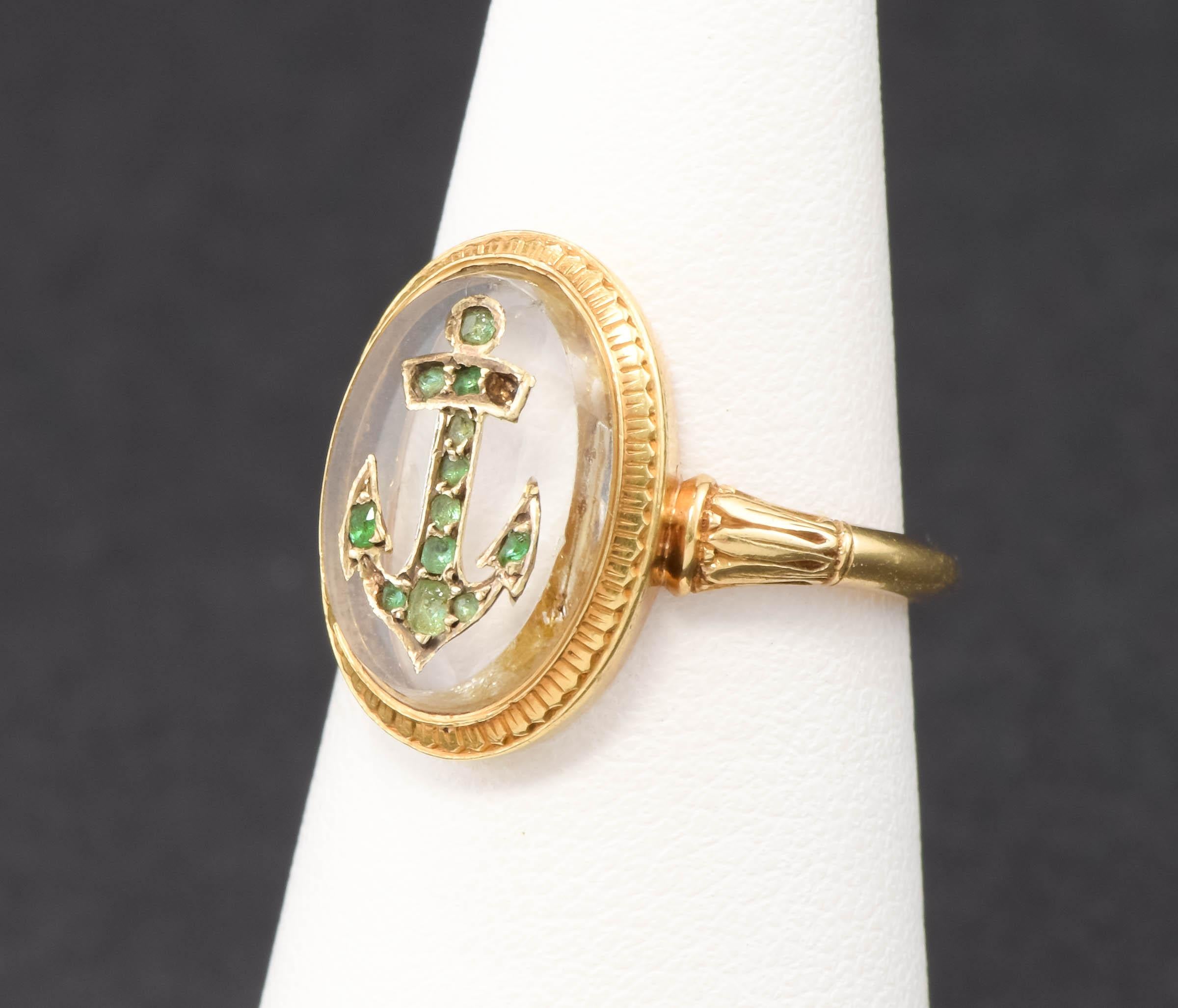 Victorian Antique French Emerald Anchor Ring with Rock Crystal & Inscription