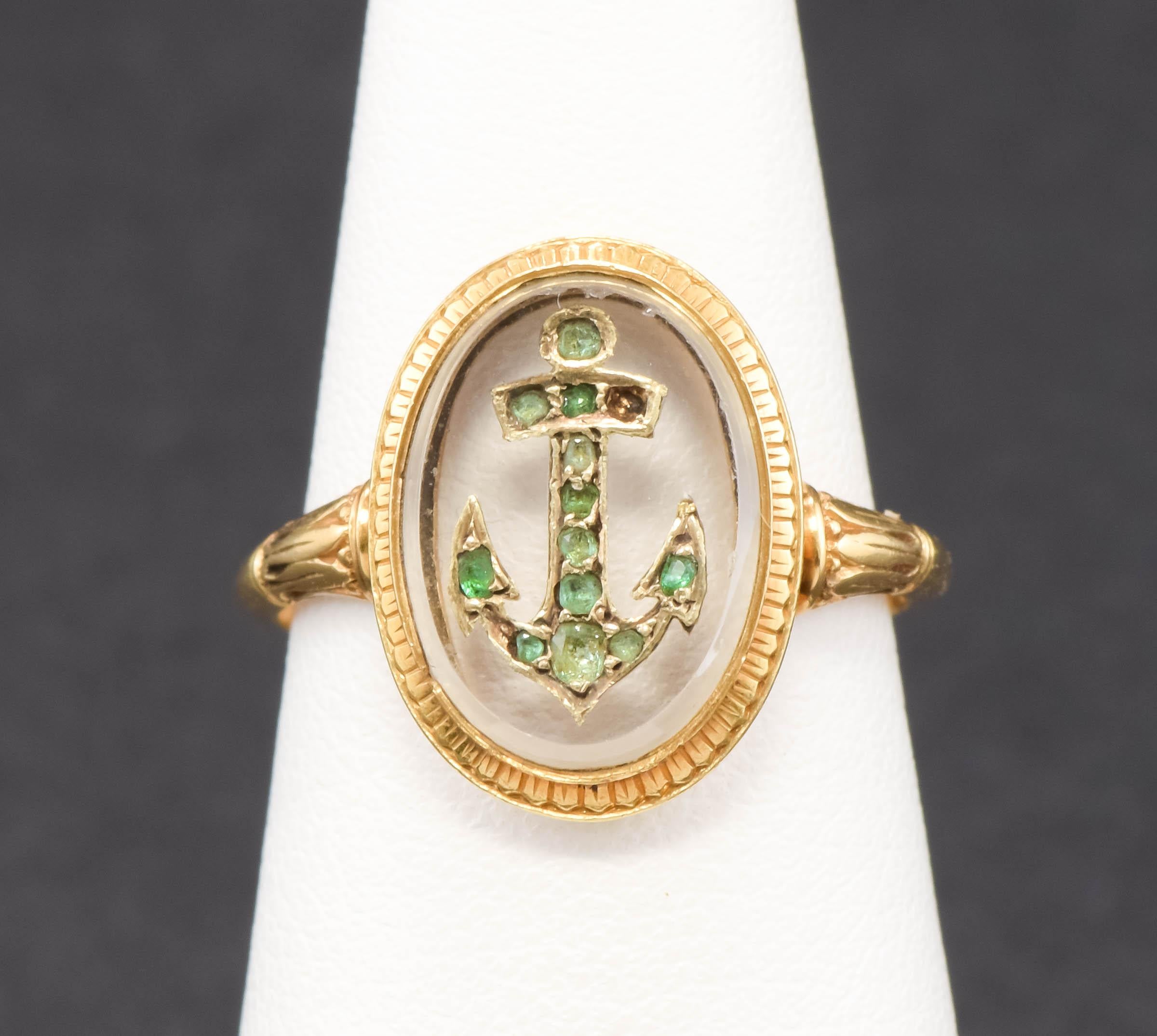Oval Cut Antique French Emerald Anchor Ring with Rock Crystal & Inscription